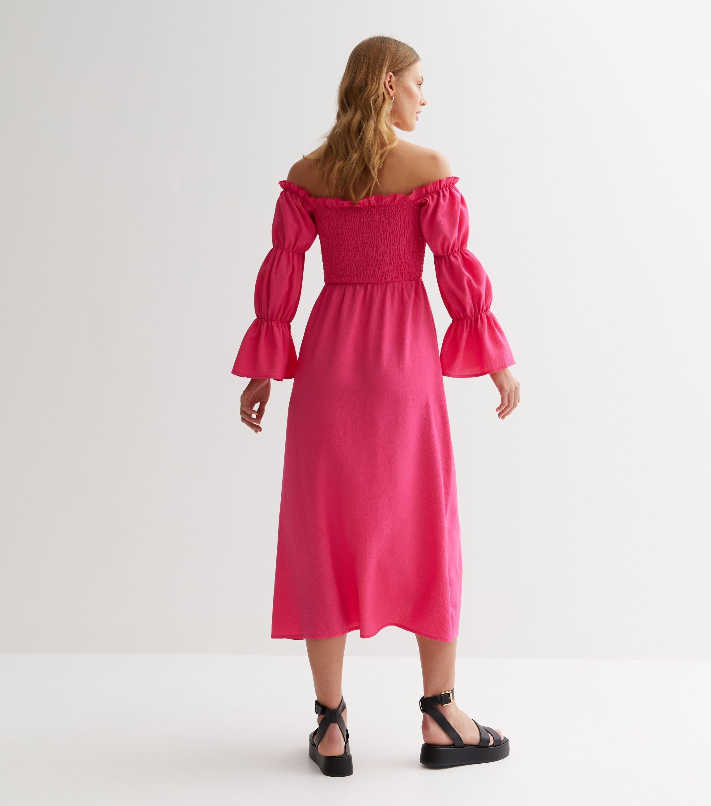 Pink Textured Shirred Top Smock Midi Dress