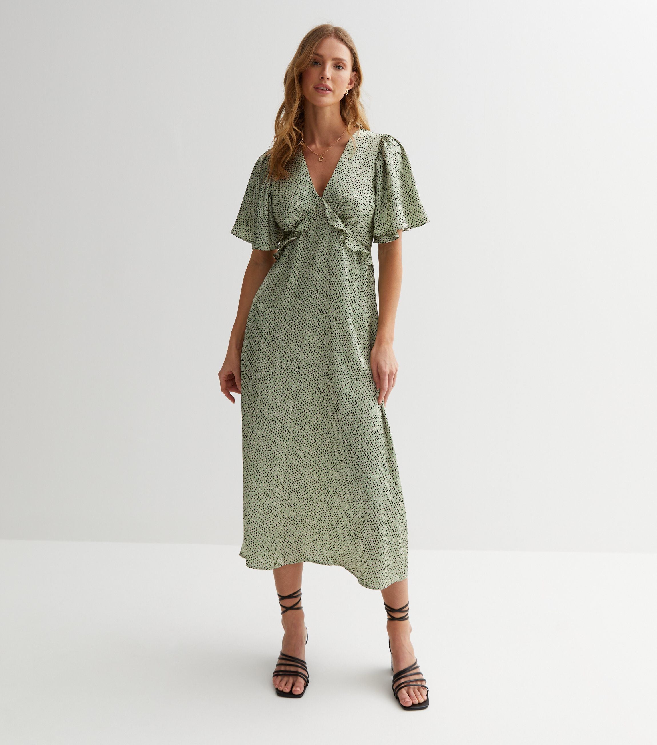 Green Satin Animal Print Angel Sleeves Midi Dress