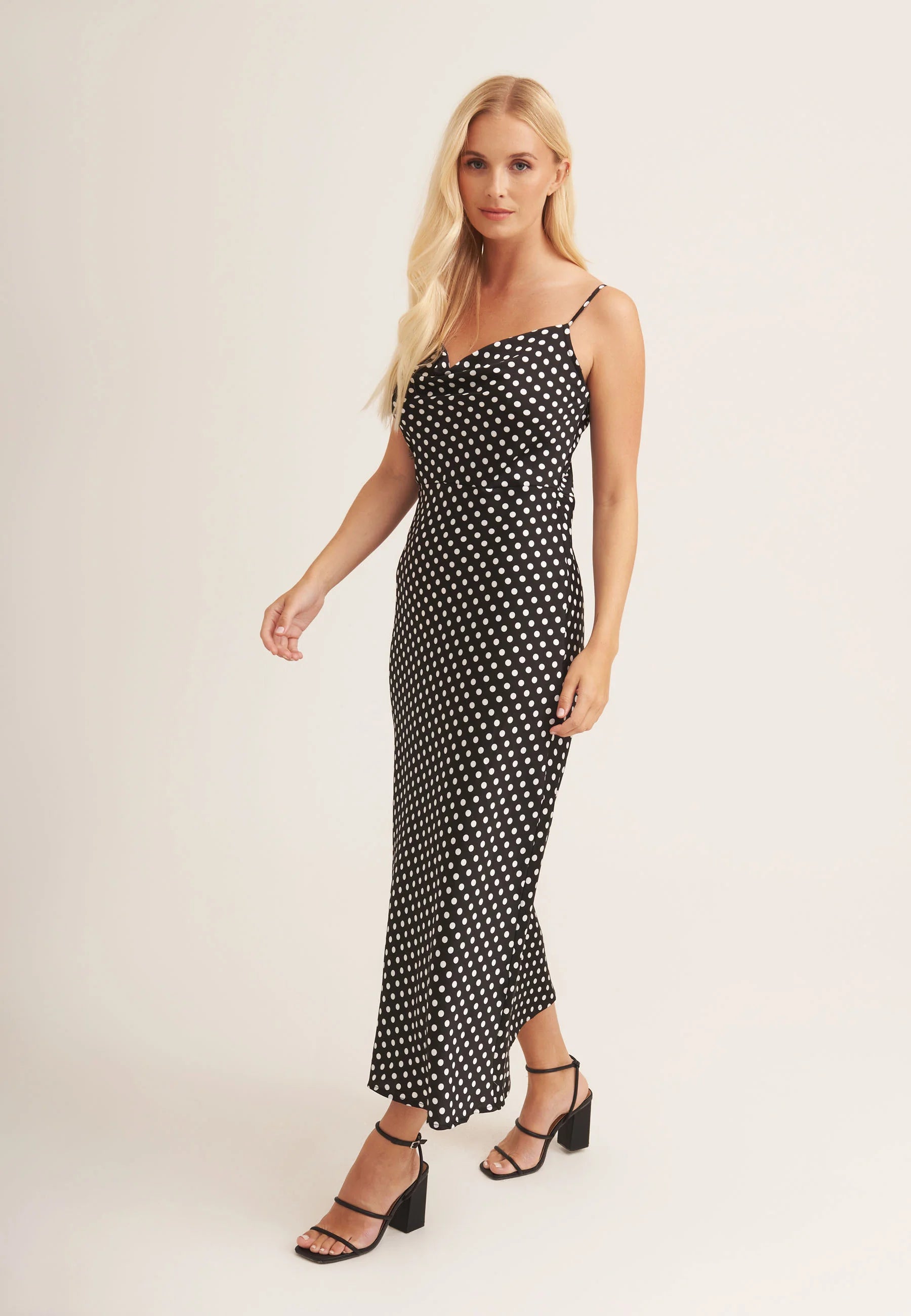 Black Polka Dot Cami Cowl Midi Dress