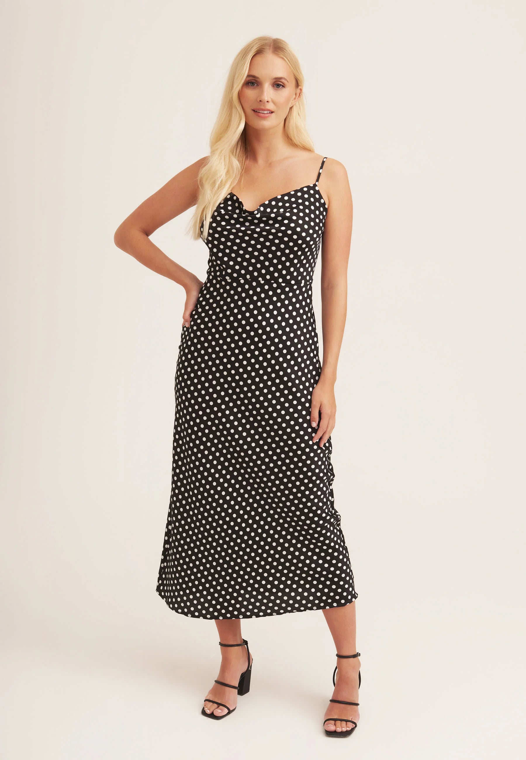 Black Polka Dot Cami Cowl Midi Dress