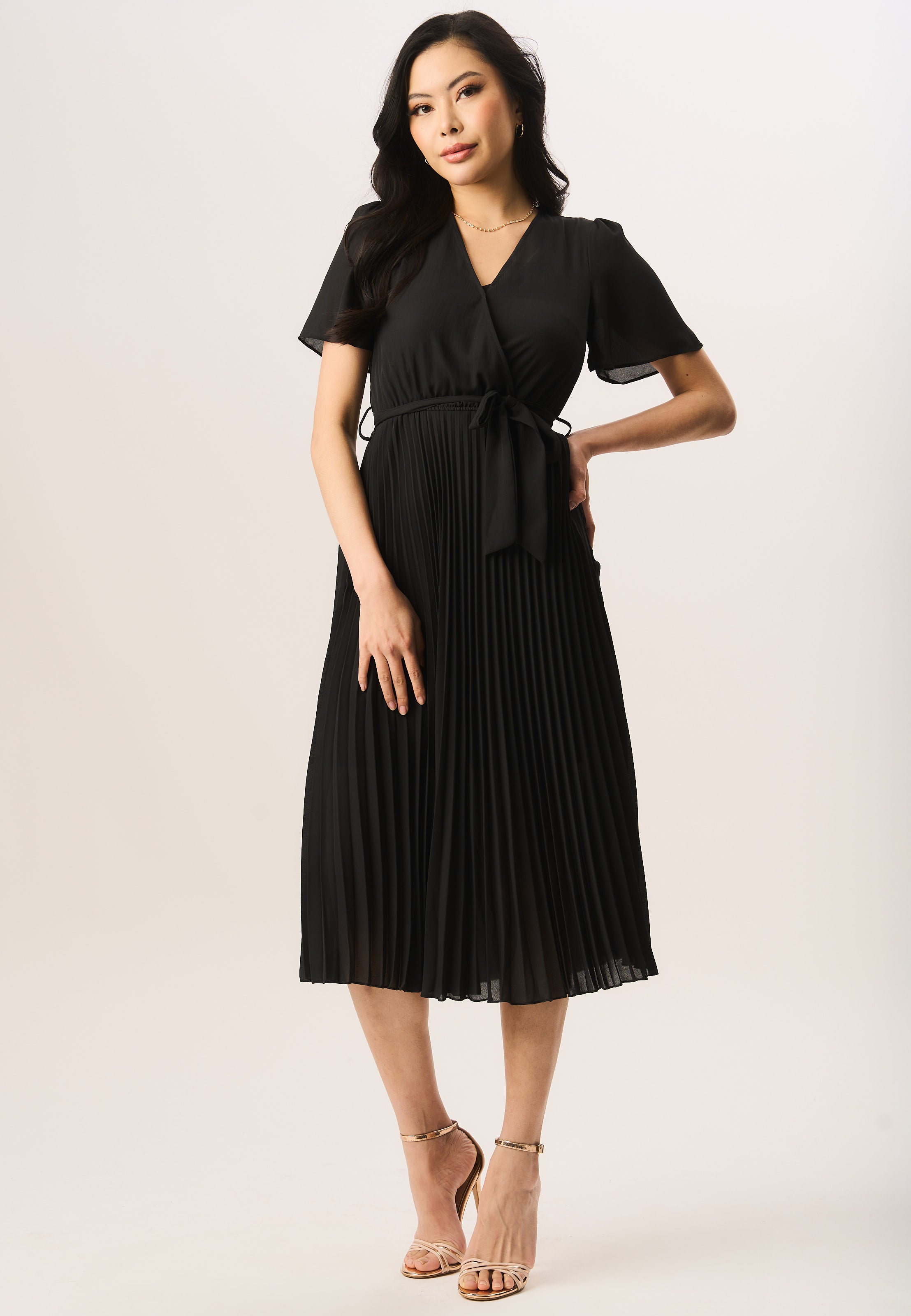 Black Angel Sleeves Pleated Midi Wrap Dress