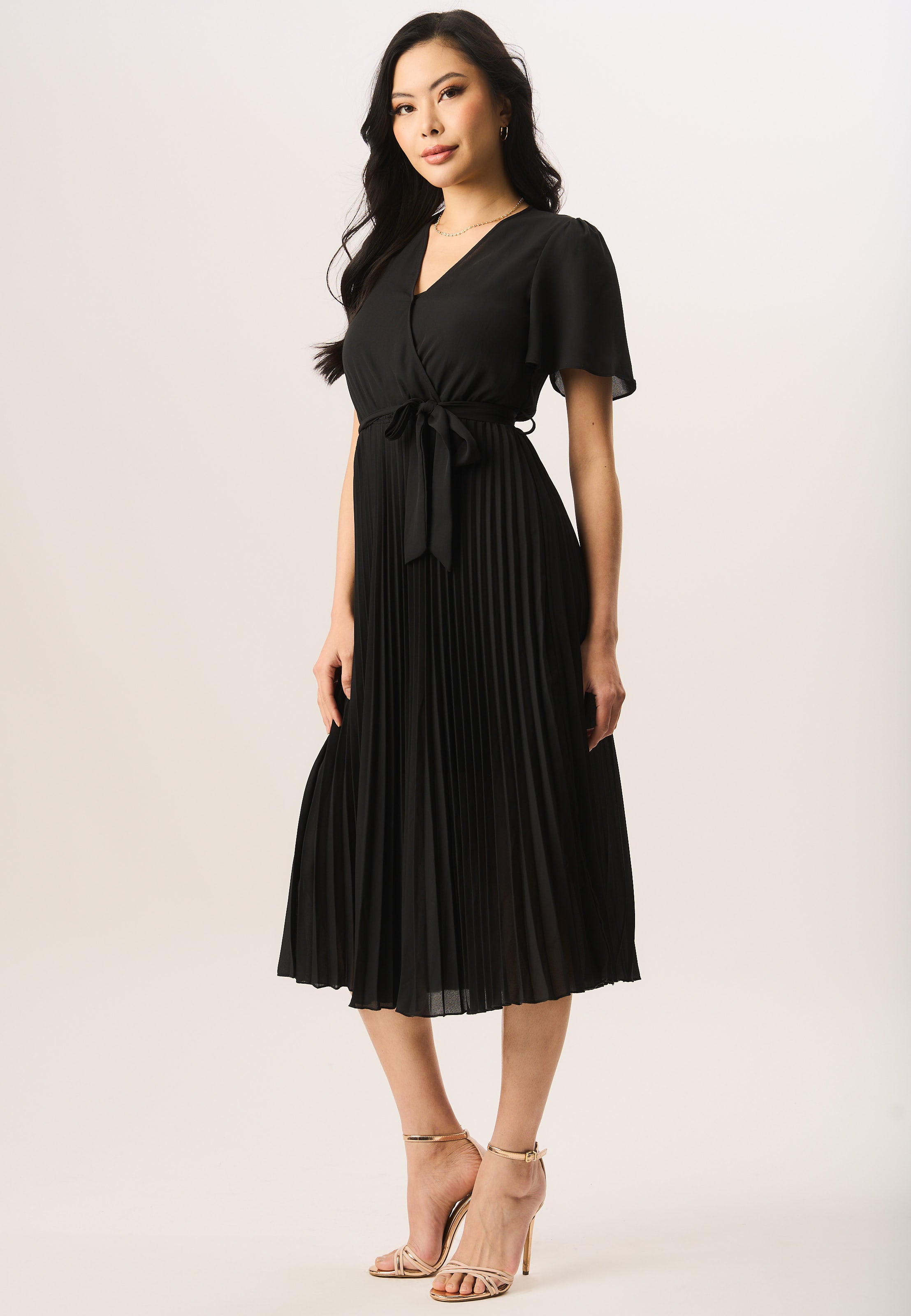 Black Angel Sleeves Pleated Midi Wrap Dress