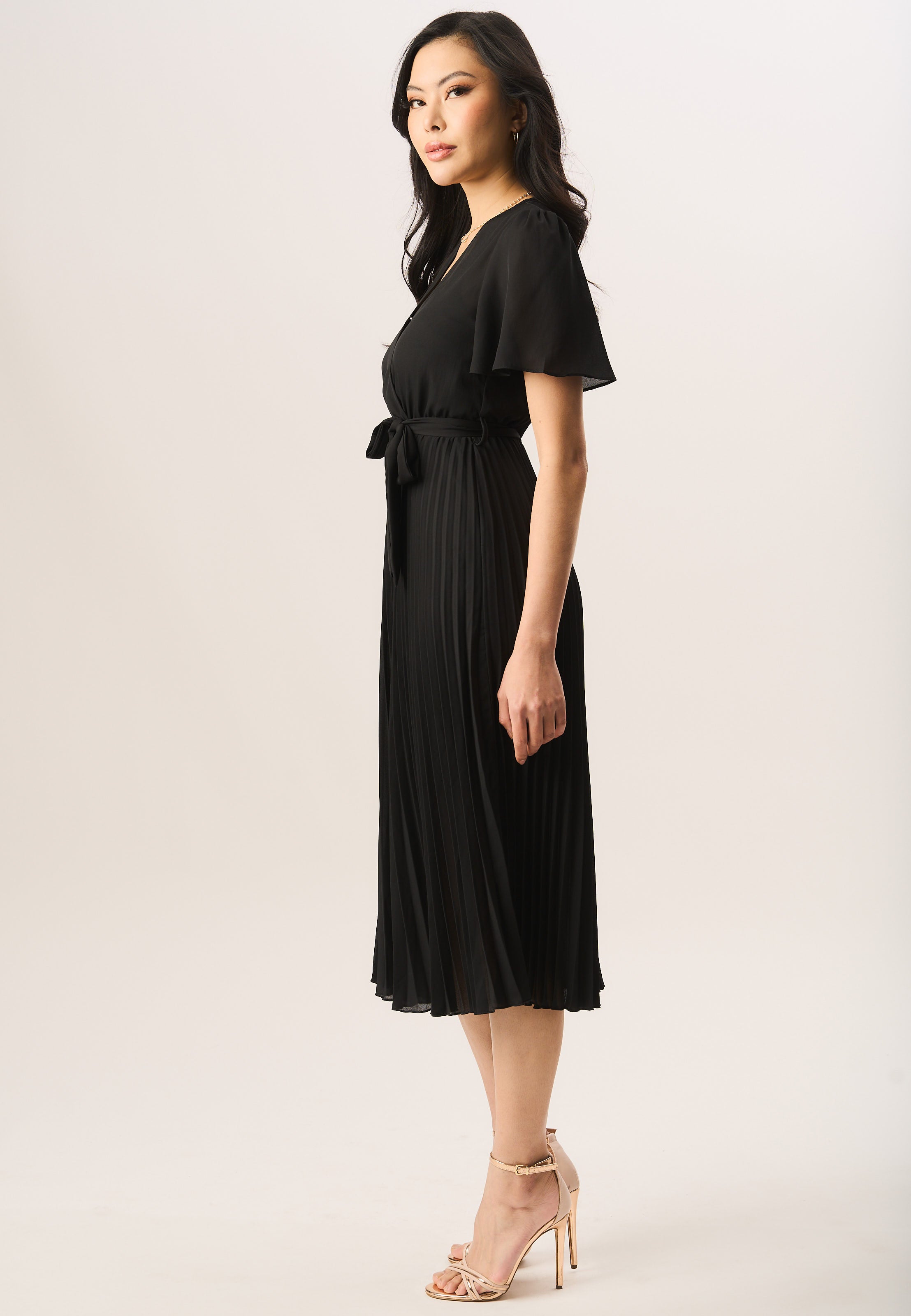 Black Angel Sleeves Pleated Midi Wrap Dress