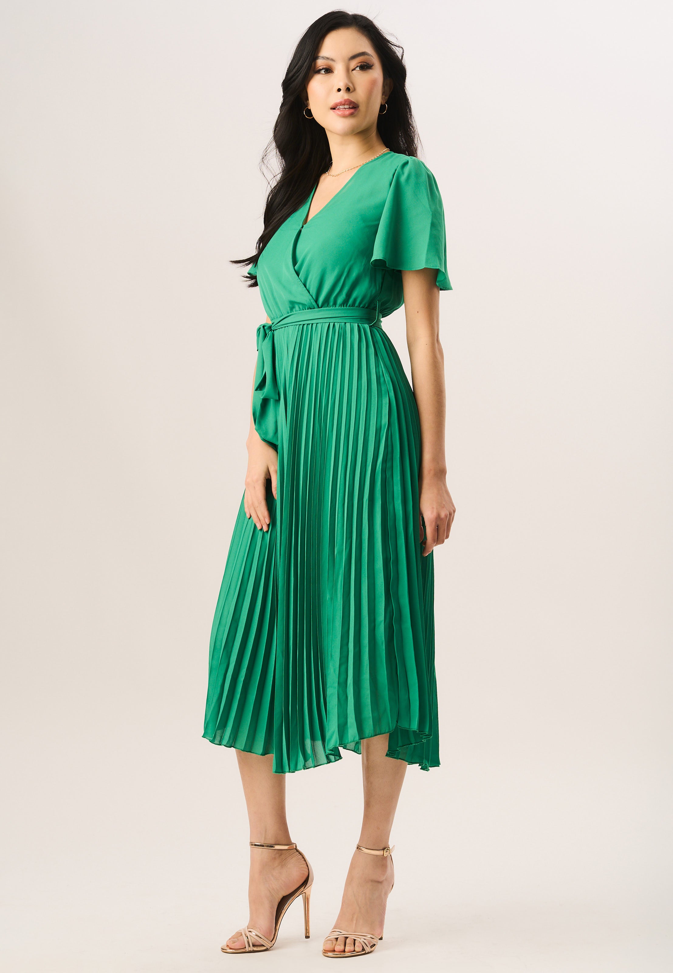 Green Angel Sleeves Pleated Midi Wrap Dress