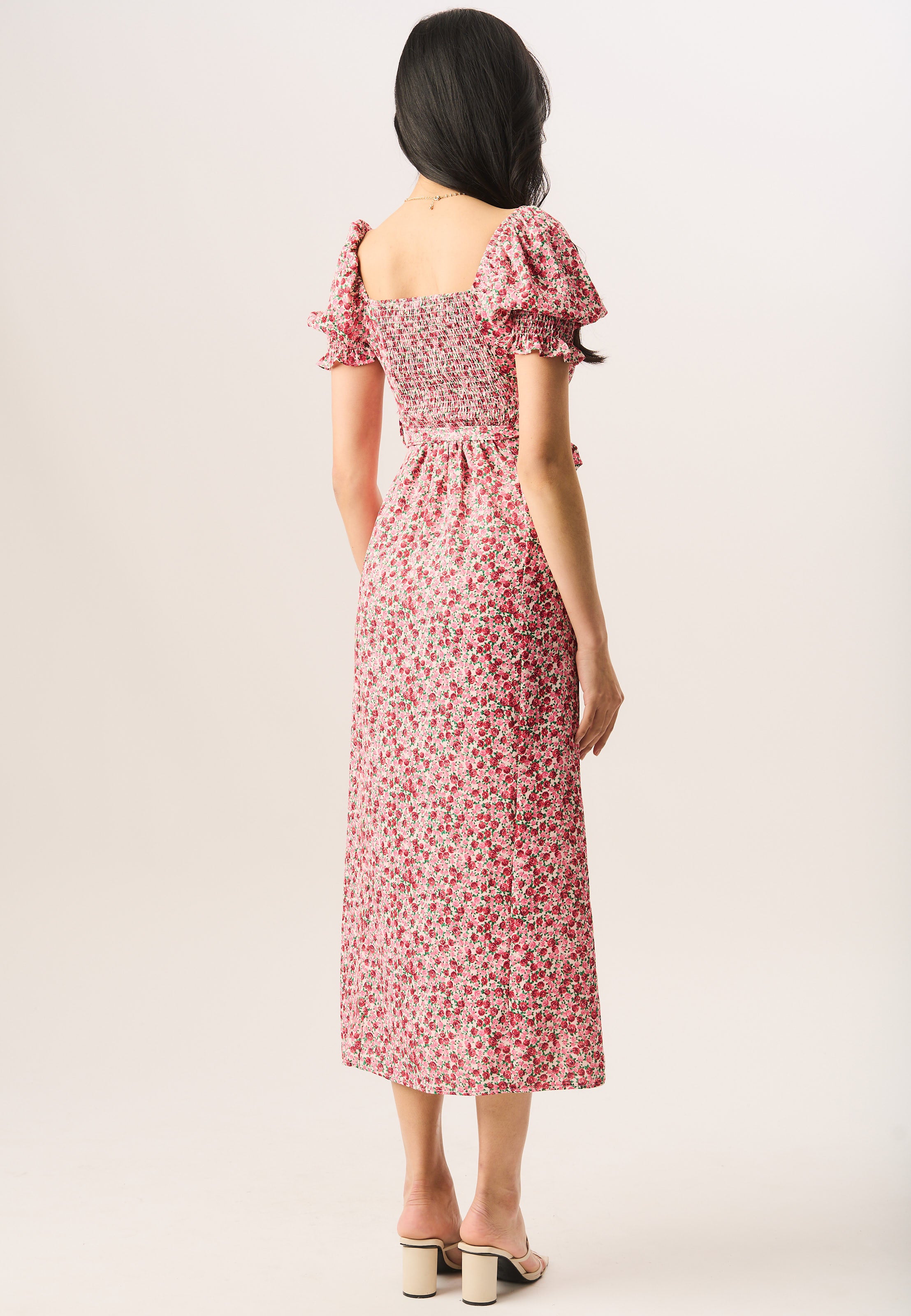 Red Ditsy Rose Print Belted Midi Dress