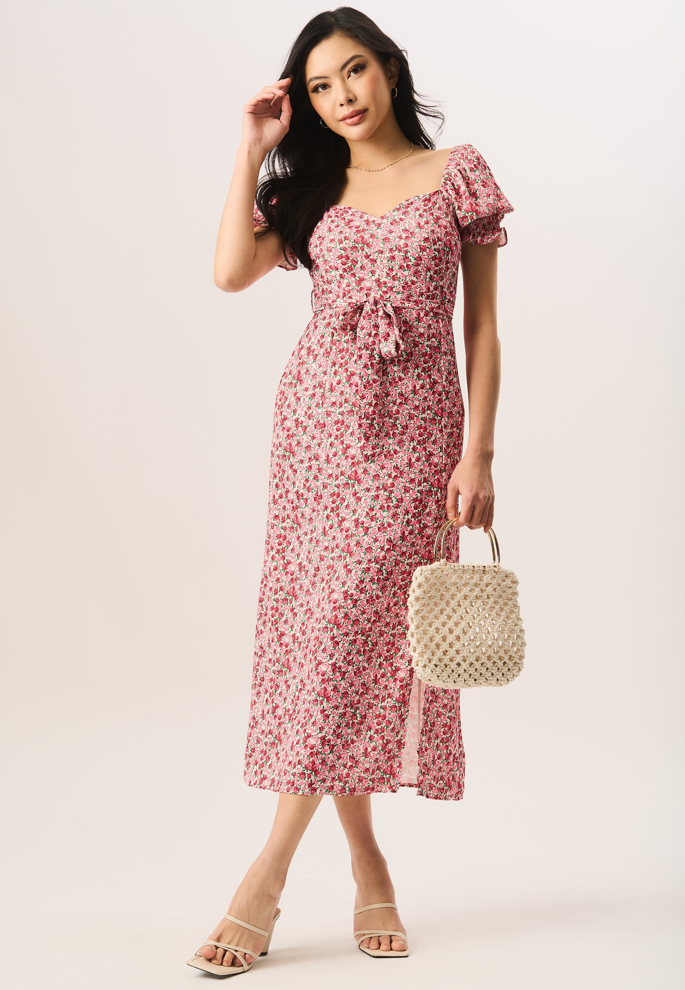 Red Ditsy Rose Print Belted Midi Dress