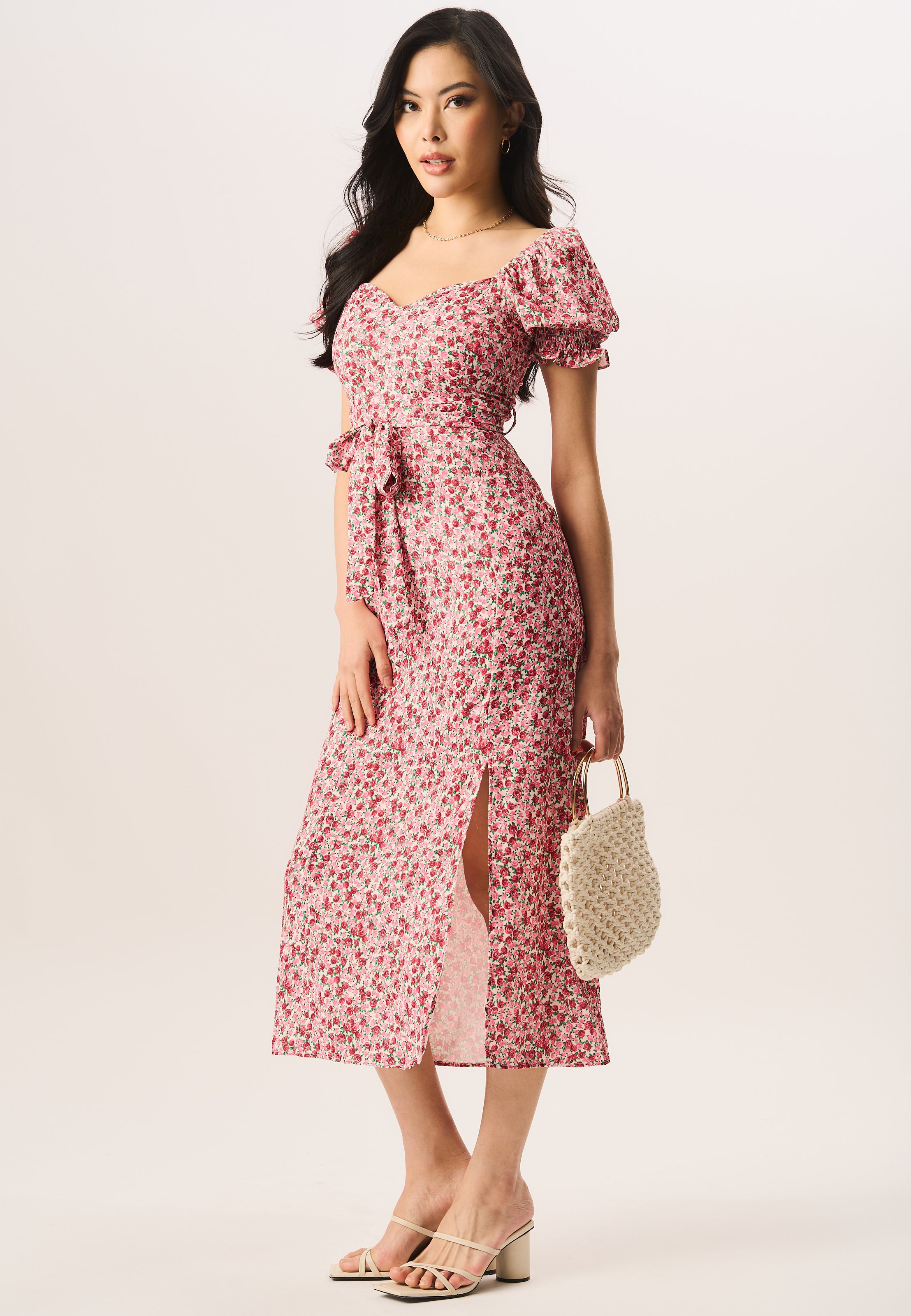 Red Ditsy Rose Print Belted Midi Dress