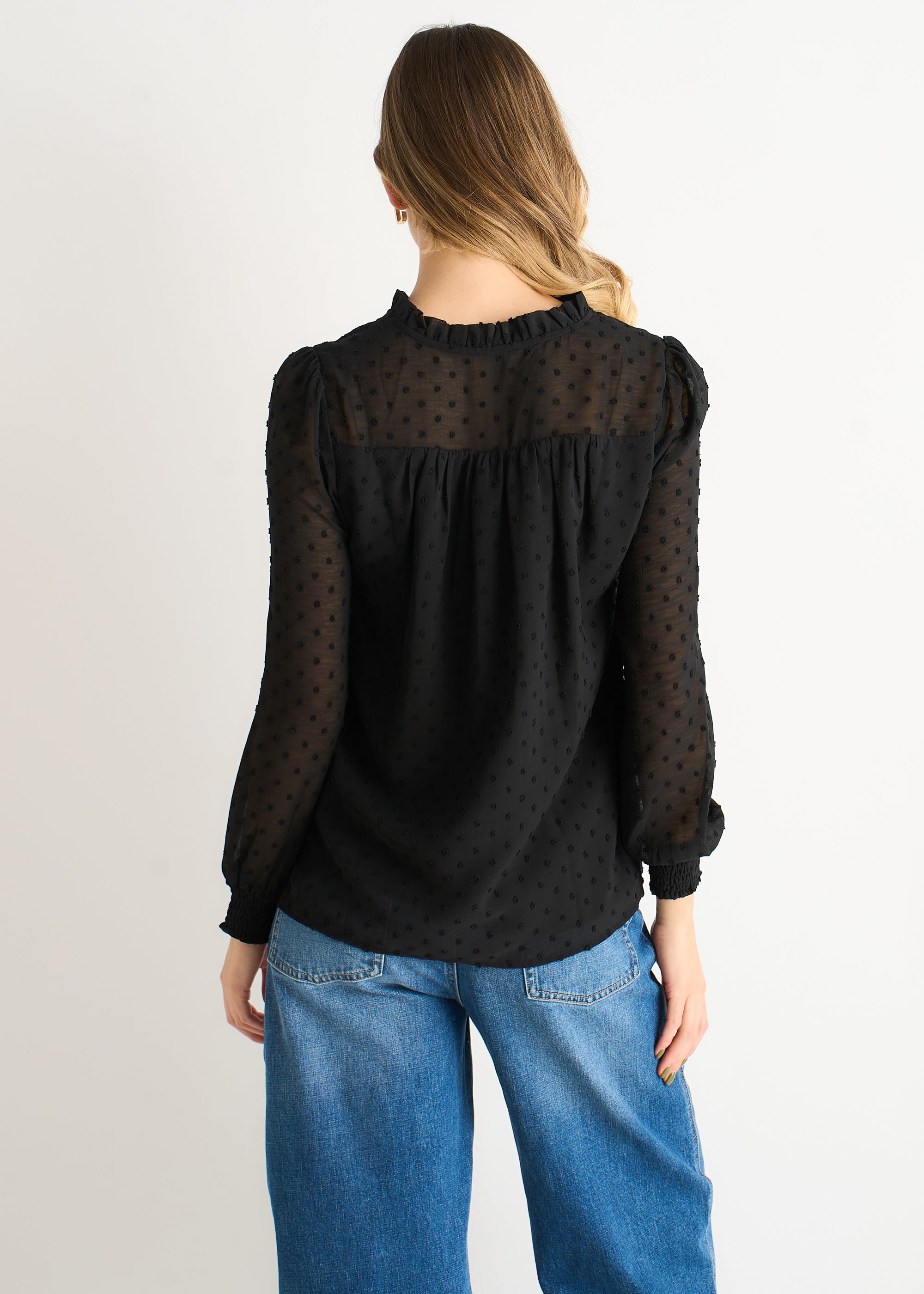 Black Dobby Chiffon Frill Neck Blouse