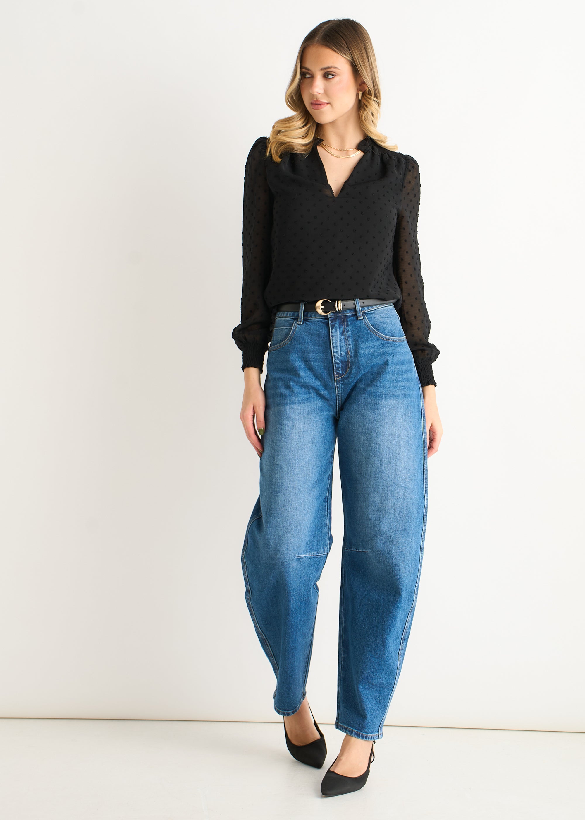 Black Dobby Chiffon Frill Neck Blouse