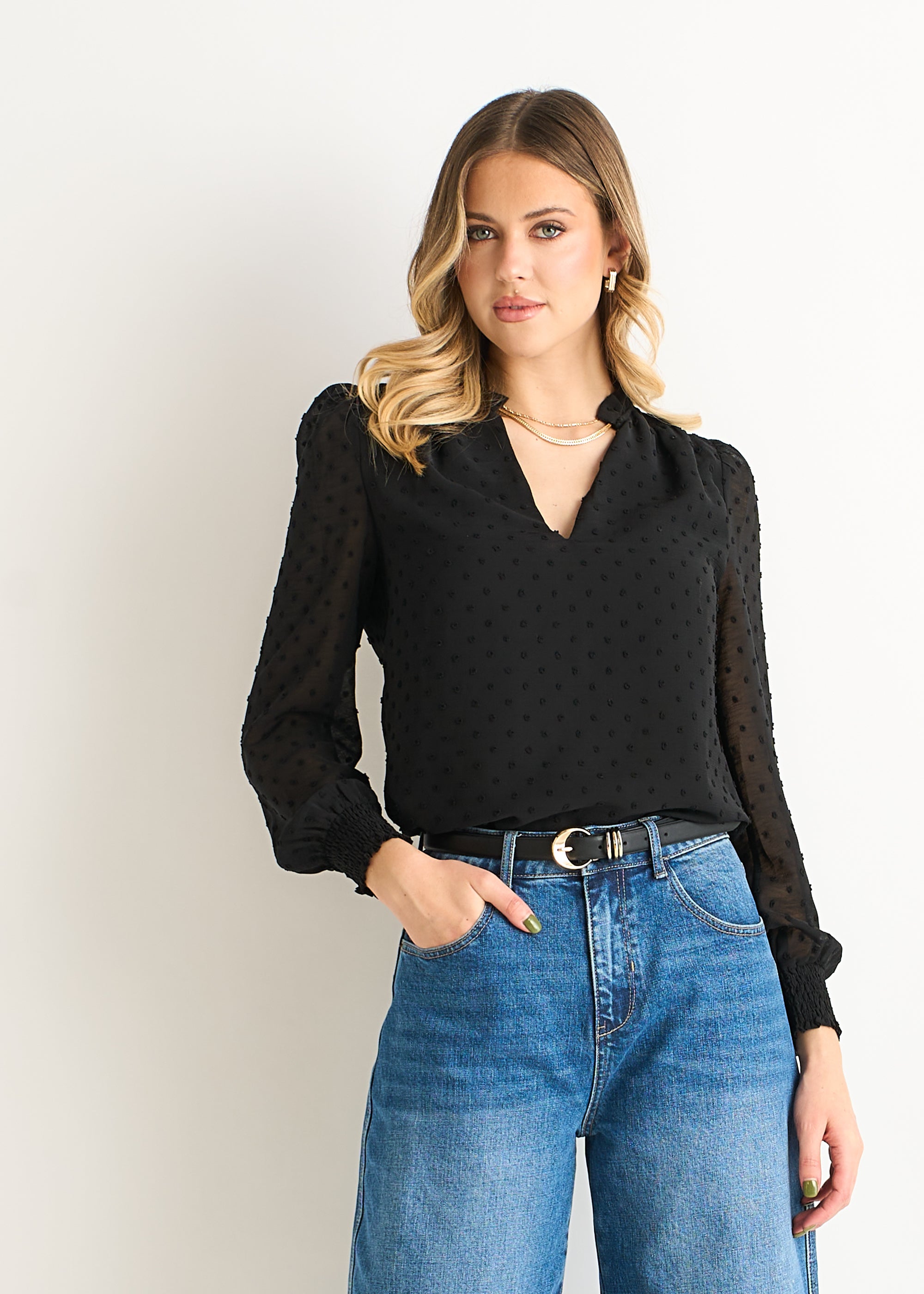 Black Dobby Chiffon Frill Neck Blouse