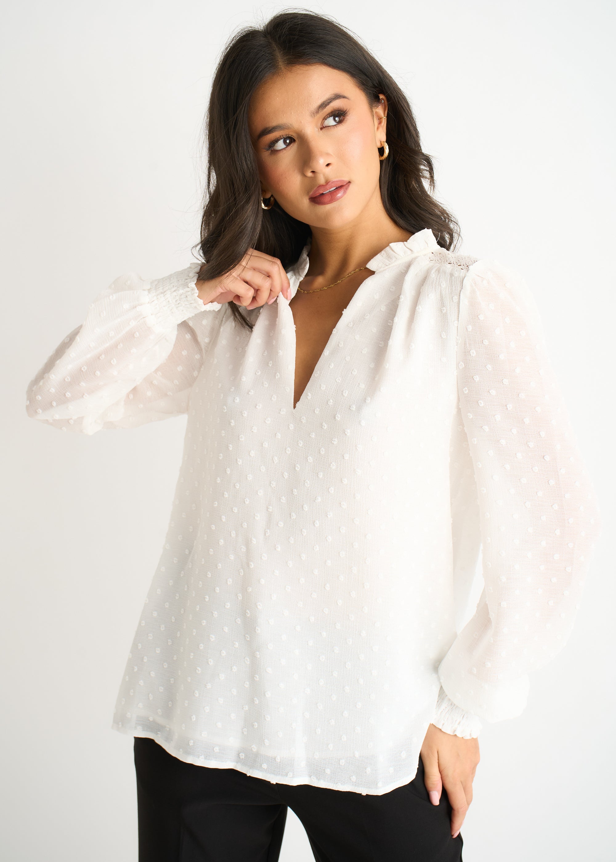 White Dobby Chiffon Frill Neck Blouse