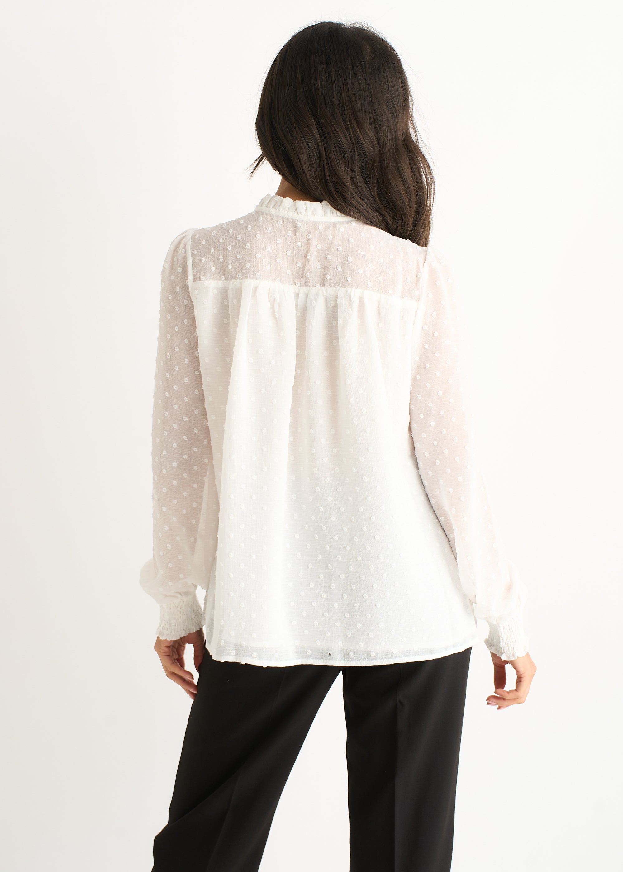 White Dobby Chiffon Frill Neck Blouse