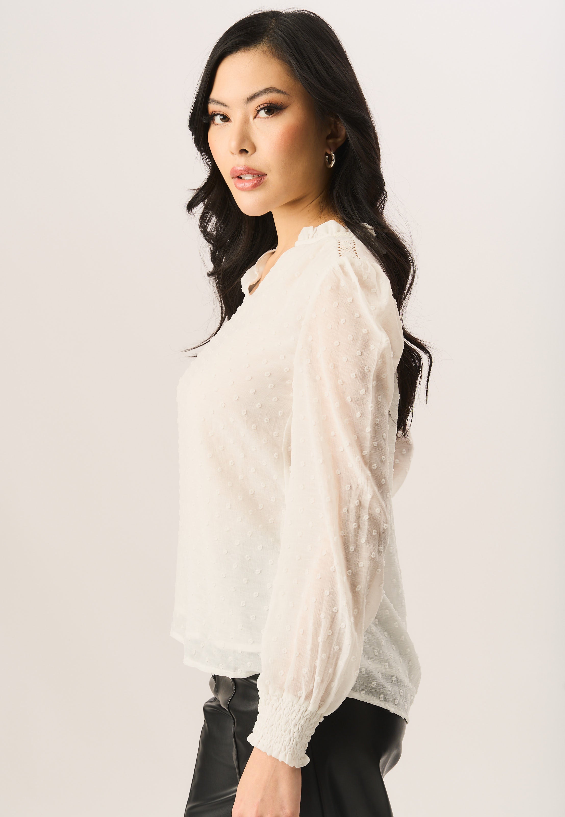 White Dobby Chiffon Frill Neck Blouse