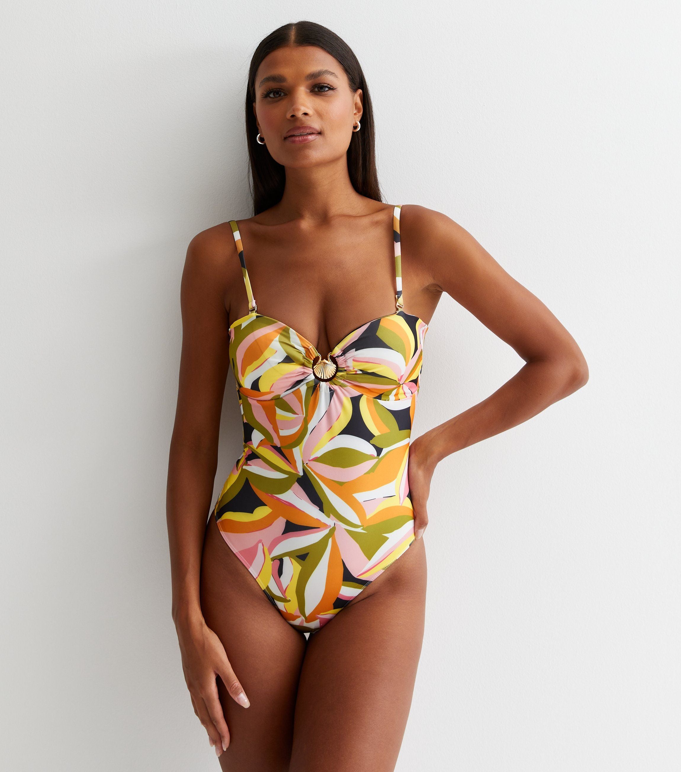 Multi Tropical Palm Swimsuit with Gold Shell Hardware