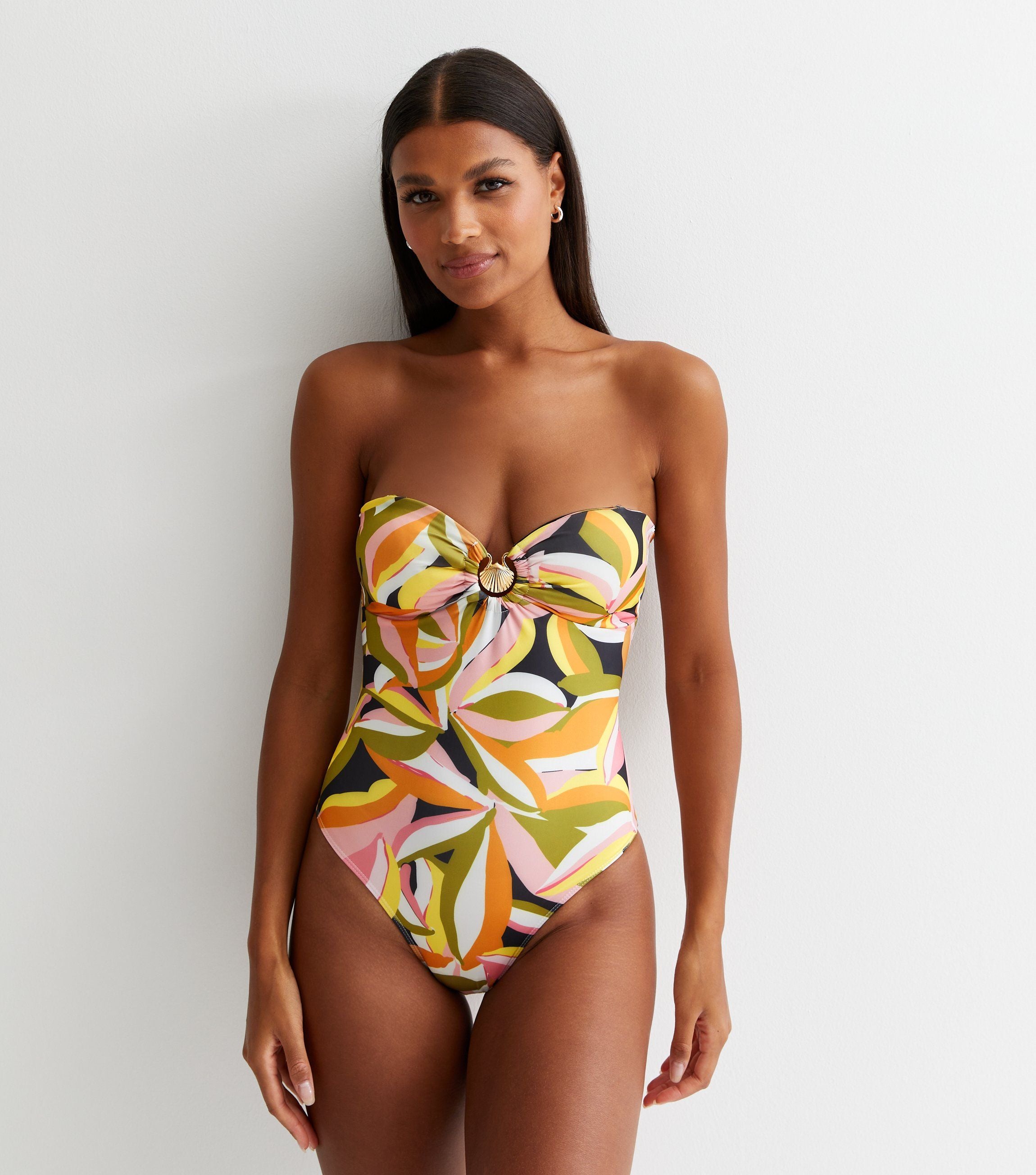 Multi Tropical Palm Swimsuit with Gold Shell Hardware