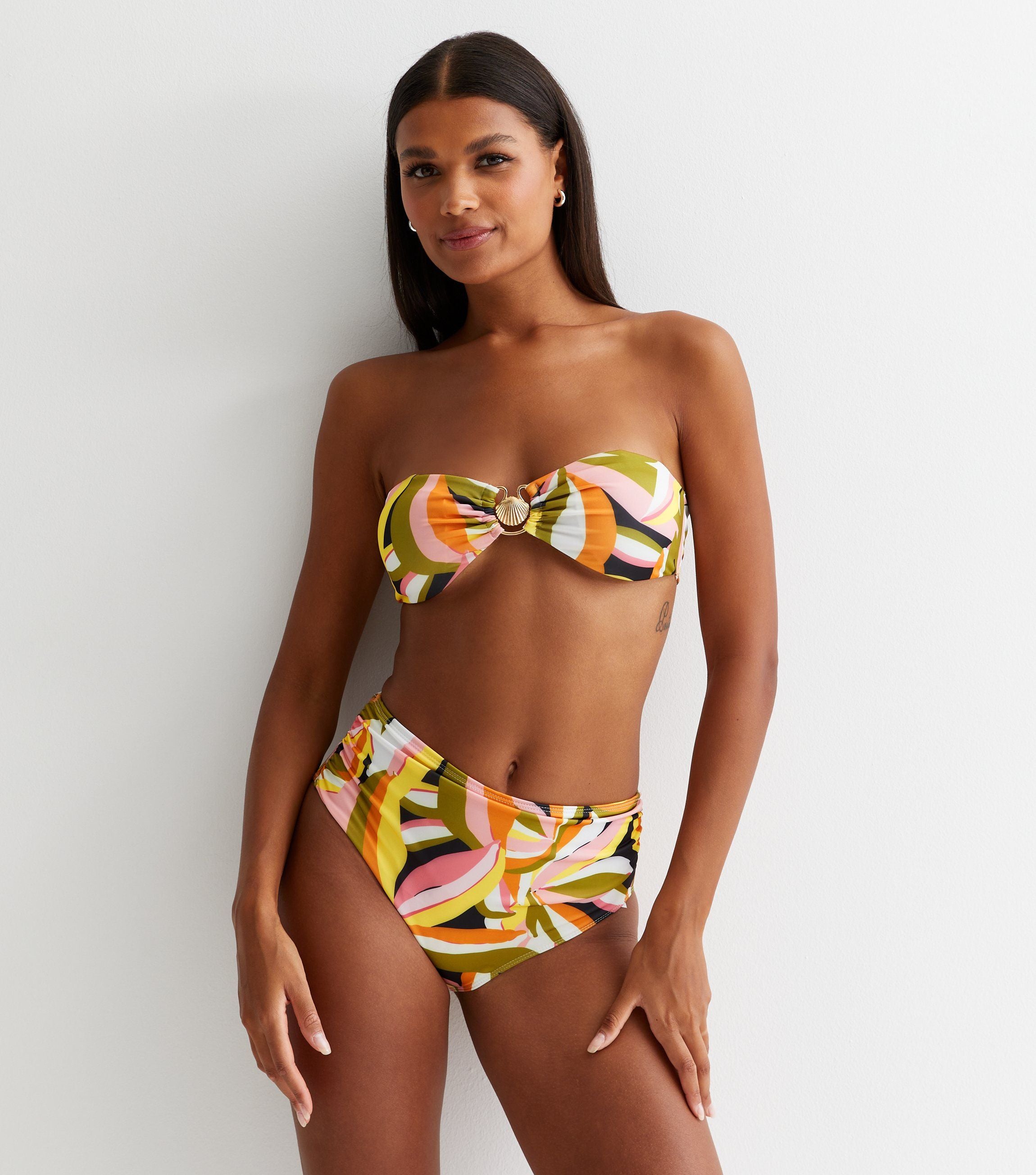 Multi Tropical Palm Bandeau Top with Shell & High Waisted Ruched Bottoms
