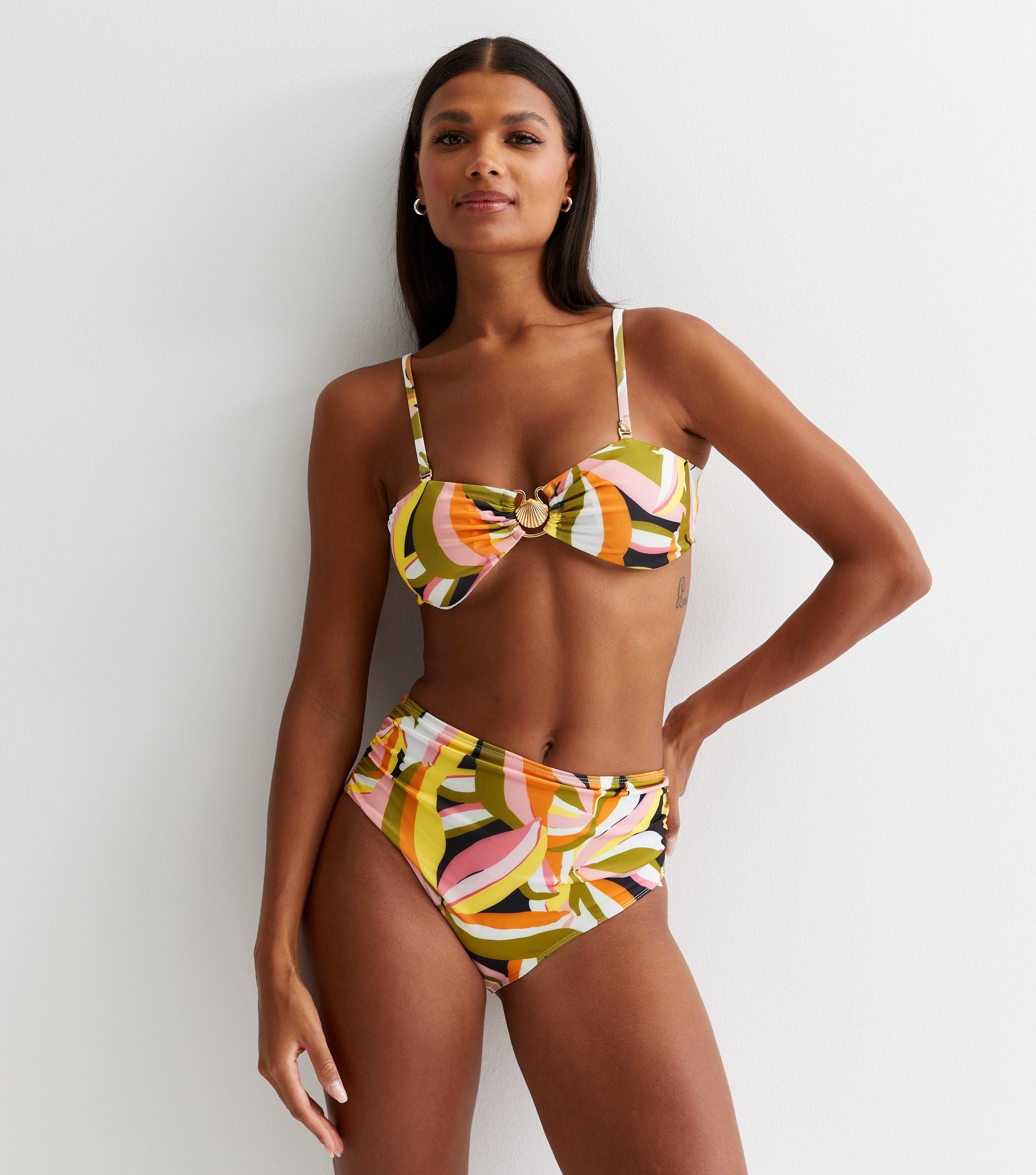 Multi Tropical Palm Bandeau Top with Shell & High Waisted Ruched Bottoms
