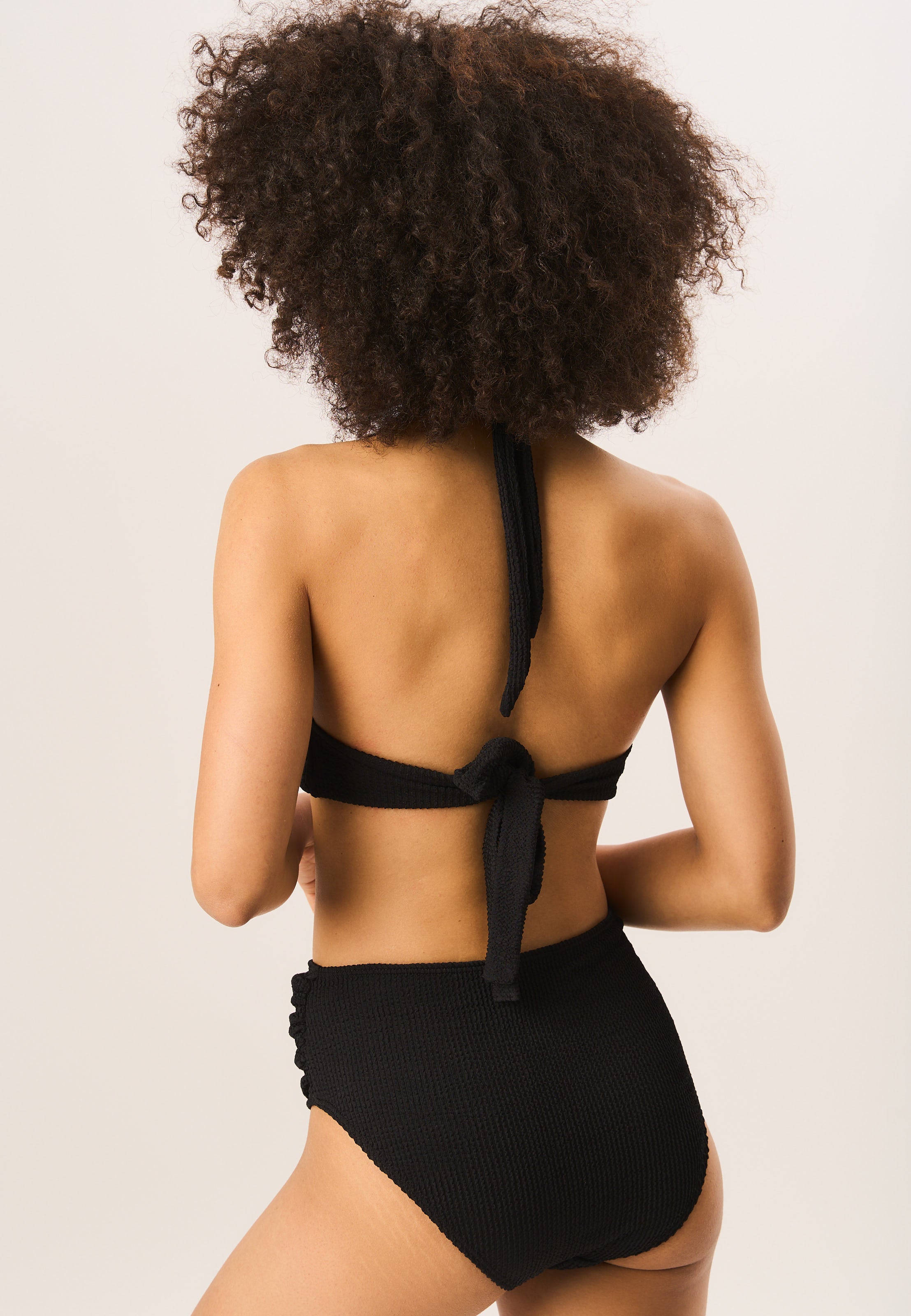 Black Textured Halter Bikini Top with Ring Detail
