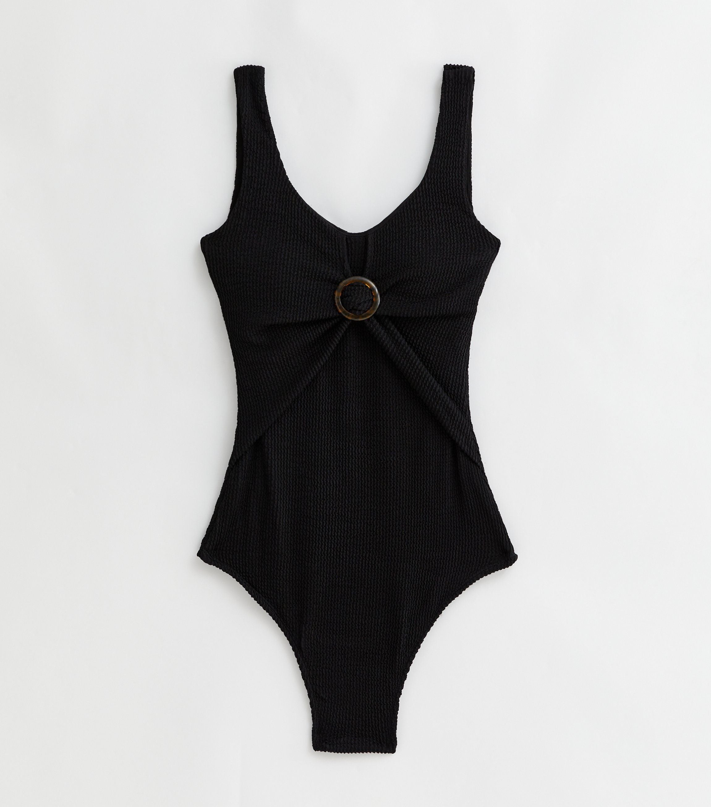 Black Texture Ring Detail Swimsuit