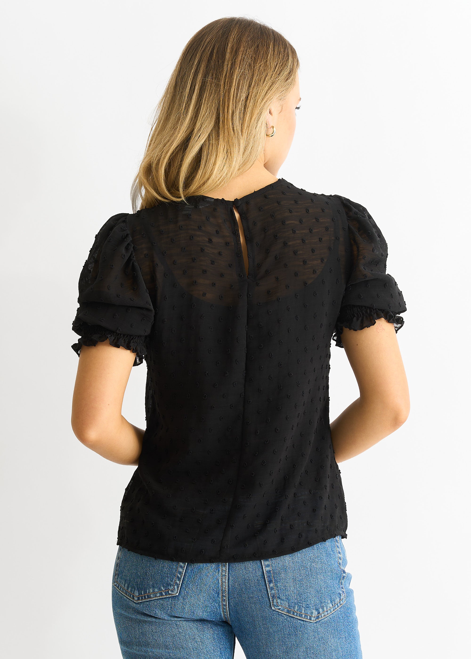 Black Dobby Chiffon Shirred Cuff Blouse