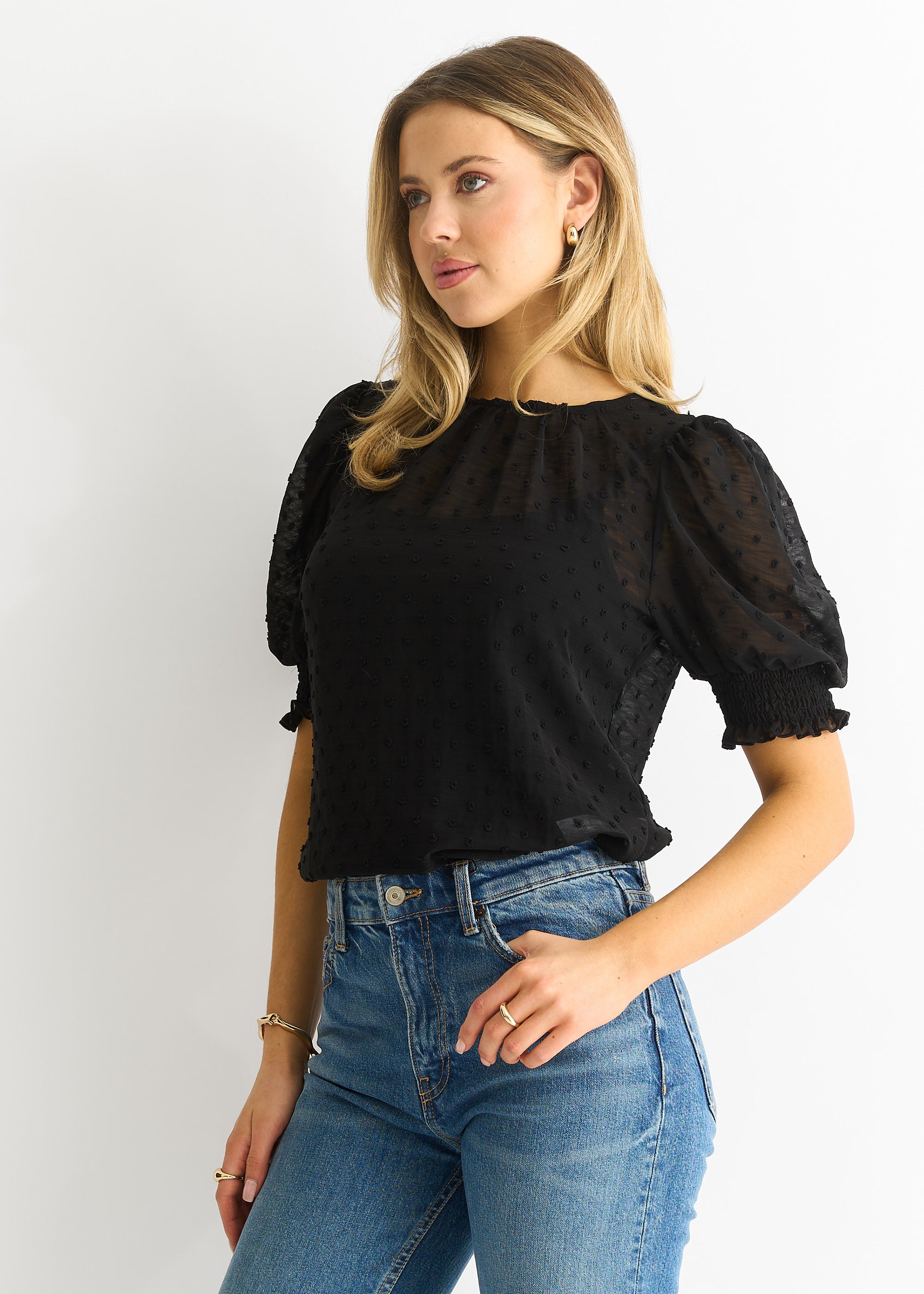 Black Dobby Chiffon Shirred Cuff Blouse