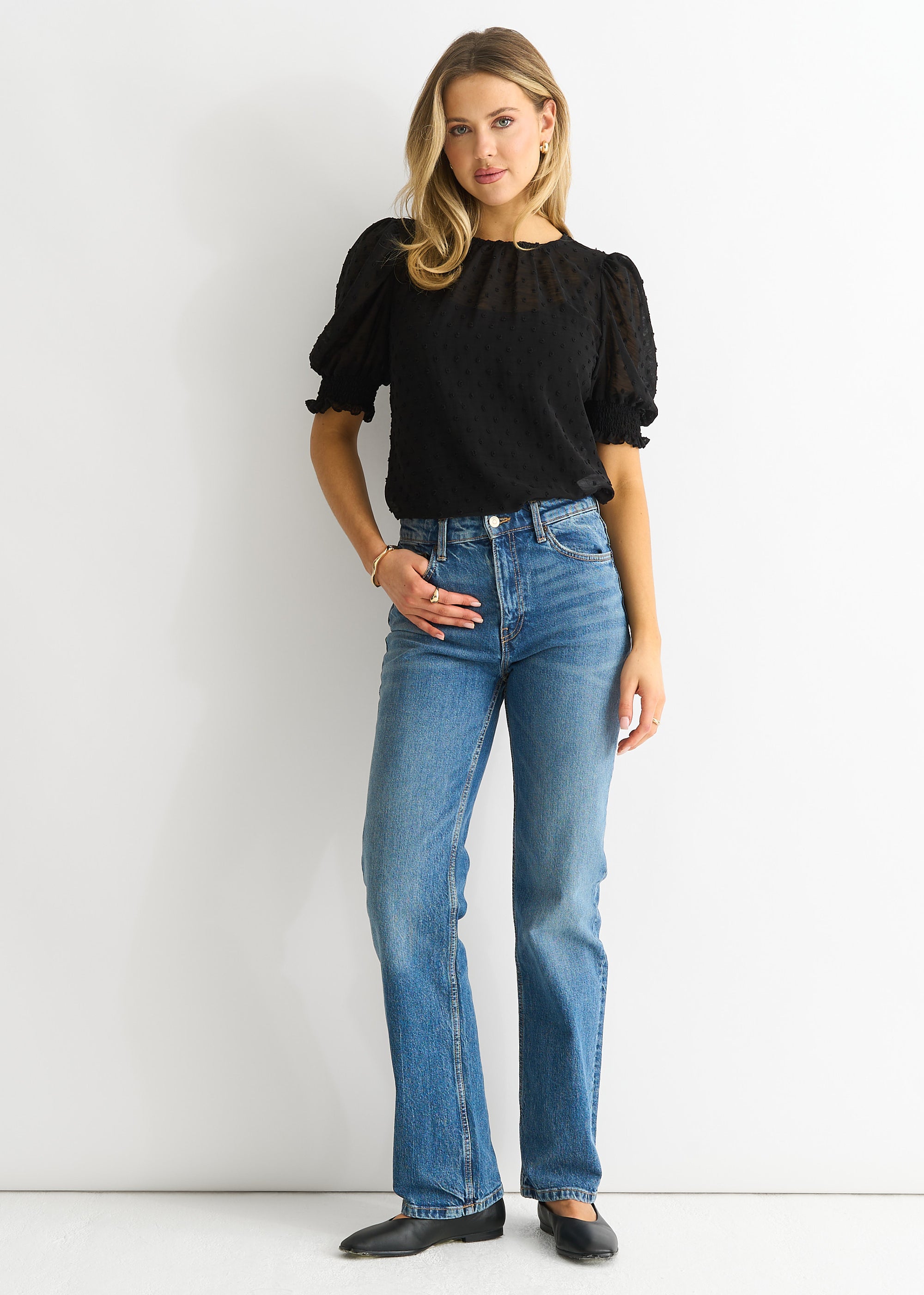 Black Dobby Chiffon Shirred Cuff Blouse