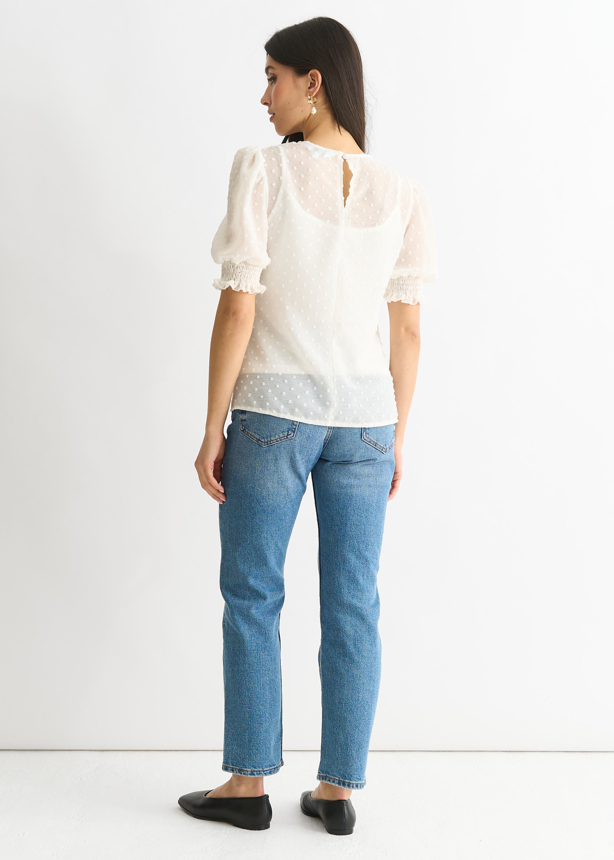 White Dobby Chiffon Shirred Cuff Blouse
