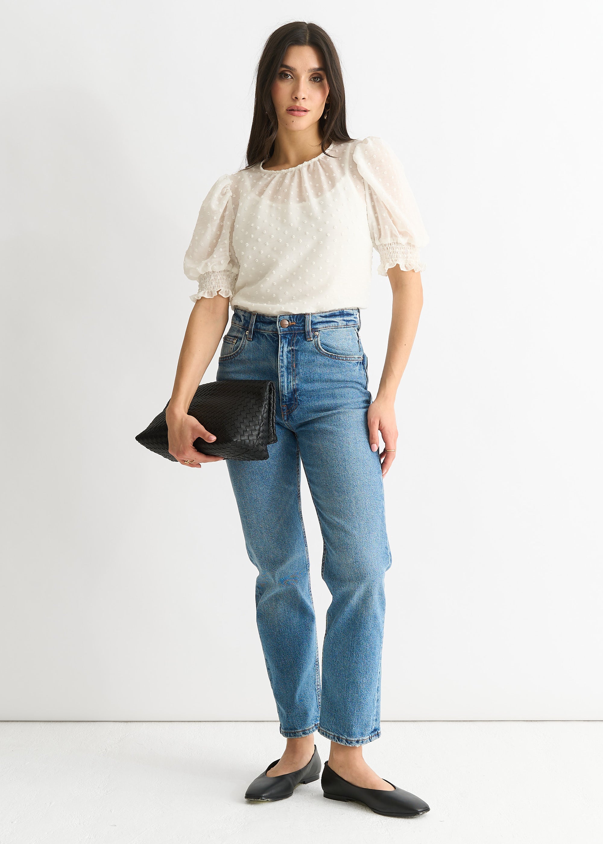 White Dobby Chiffon Shirred Cuff Blouse