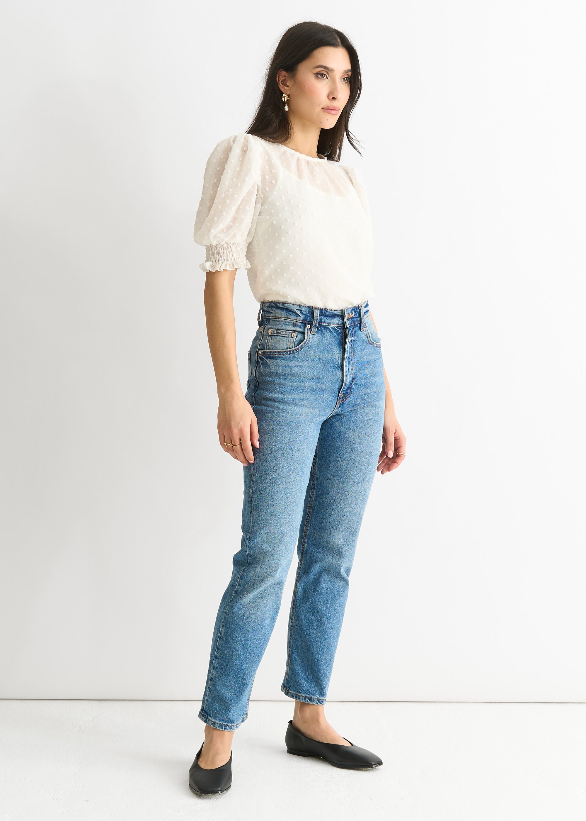 White Dobby Chiffon Shirred Cuff Blouse