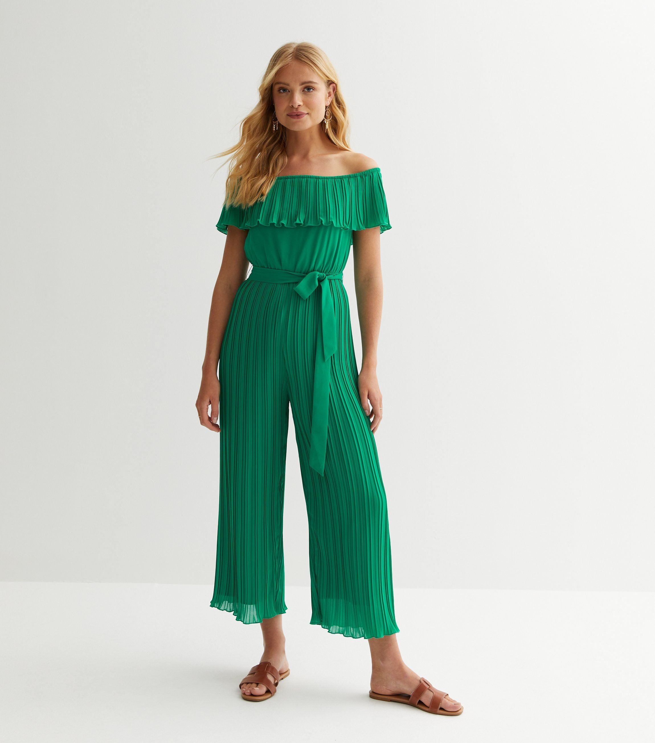 Green Pleated Bardot Ruffle Culotte Jumpsuit