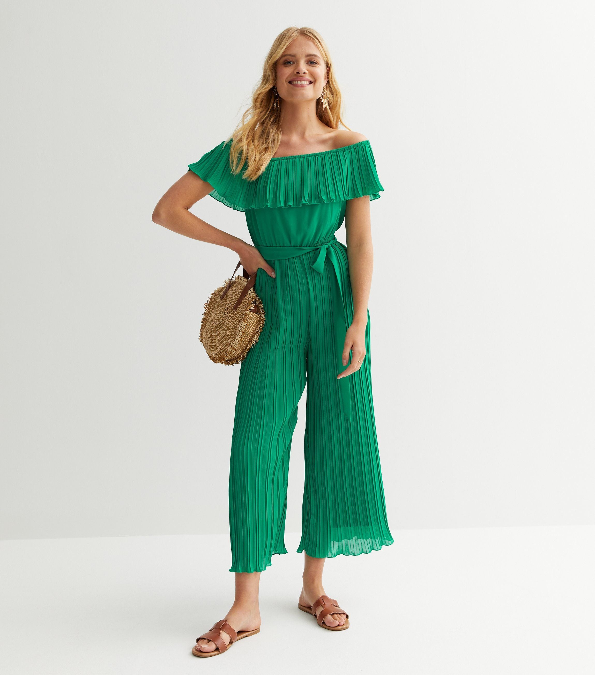 Green Pleated Bardot Ruffle Culotte Jumpsuit