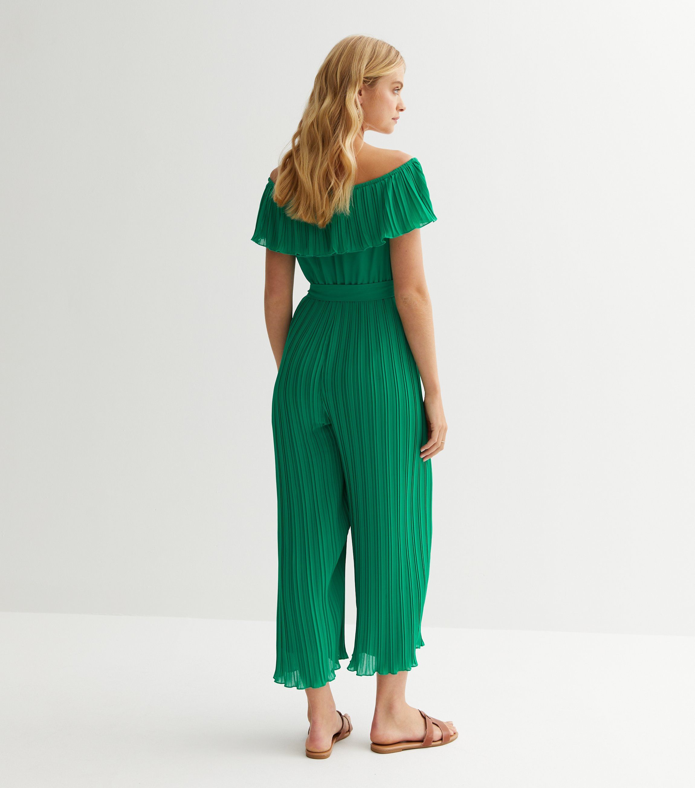 Green Pleated Bardot Ruffle Culotte Jumpsuit