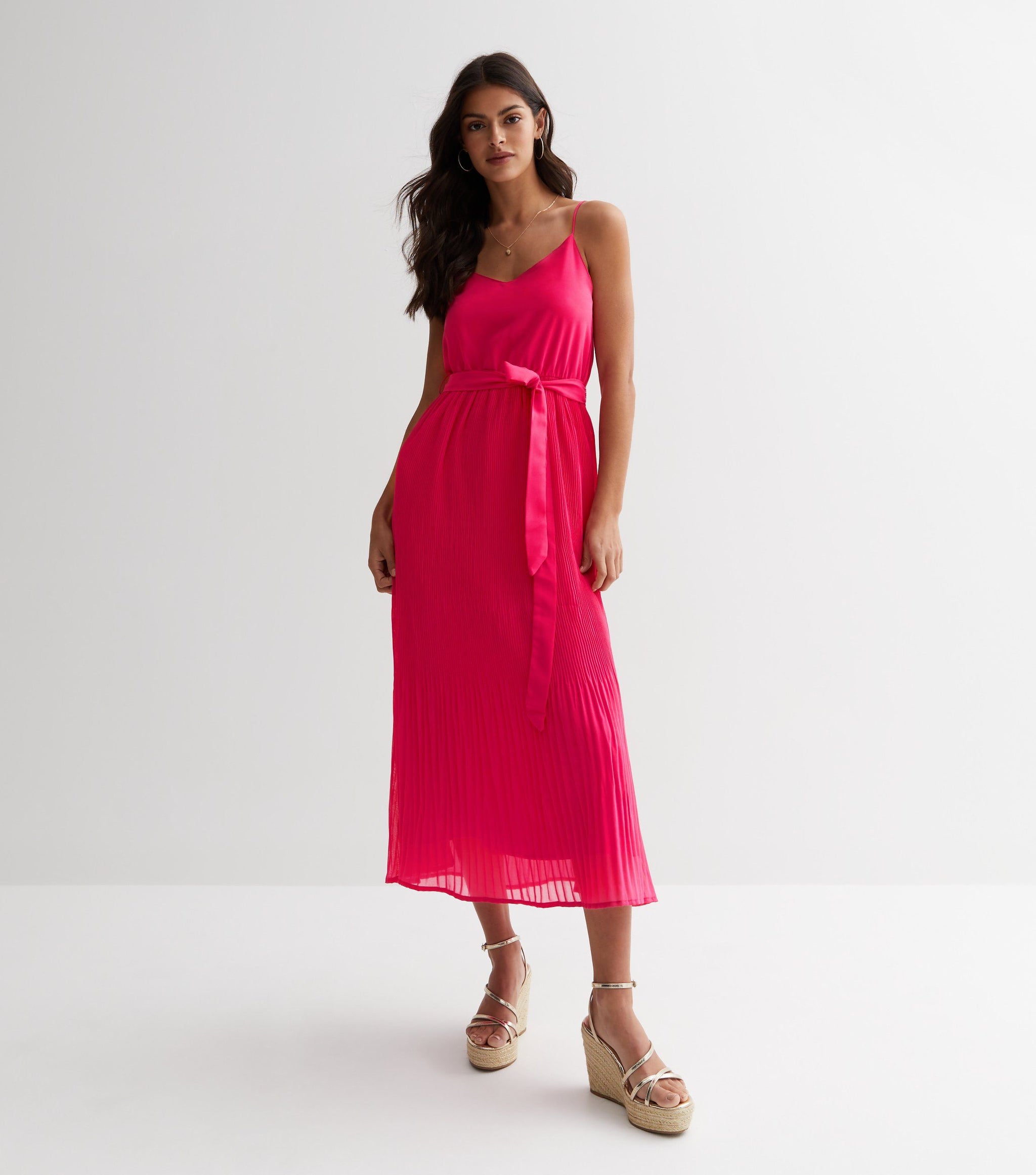 Pink Cami Top Pleated Midi Dress Gini London