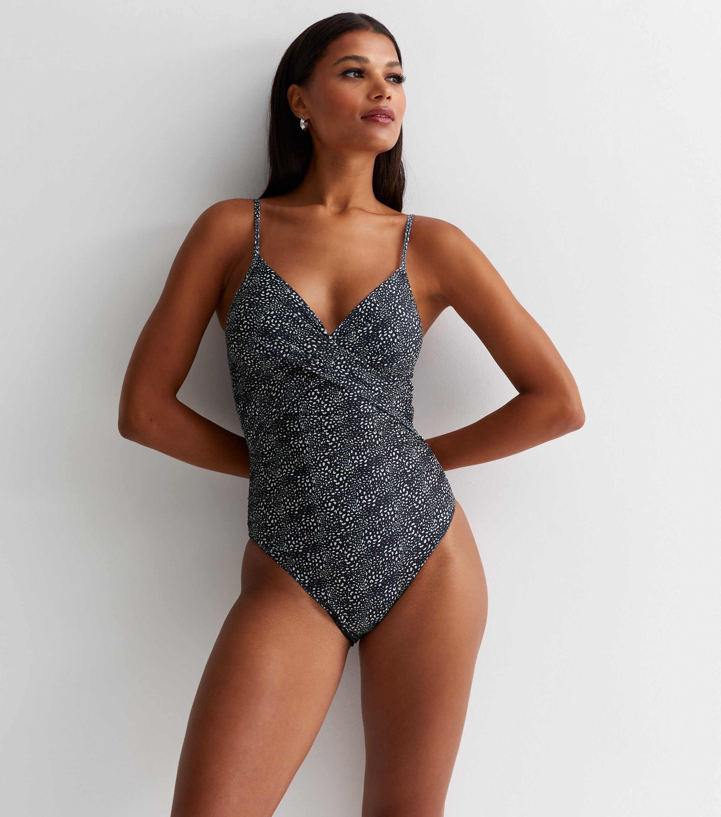 Black Animal Tummy Control Ruched Swimsuit