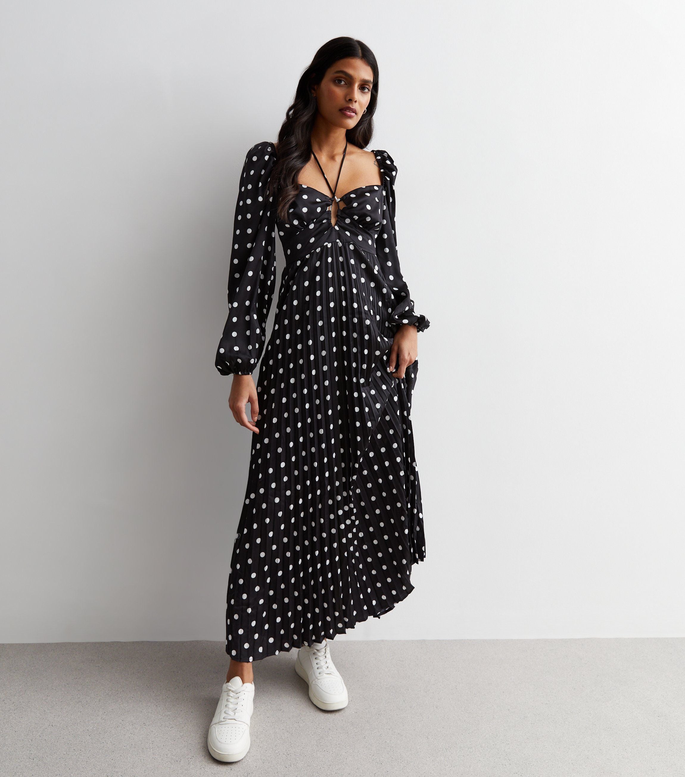 Black Polka Dot Pleated Cut Out Maxi Dress