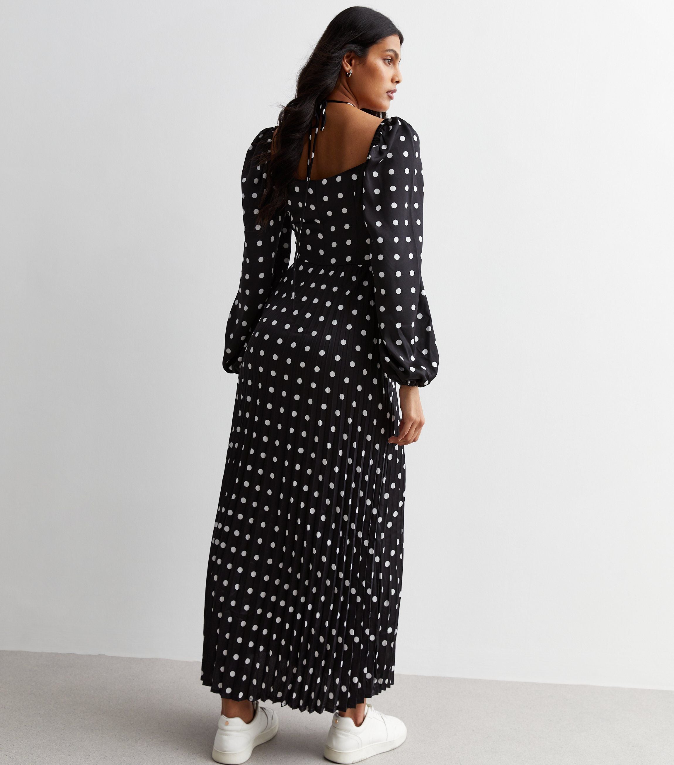 Black Polka Dot Pleated Cut Out Maxi Dress