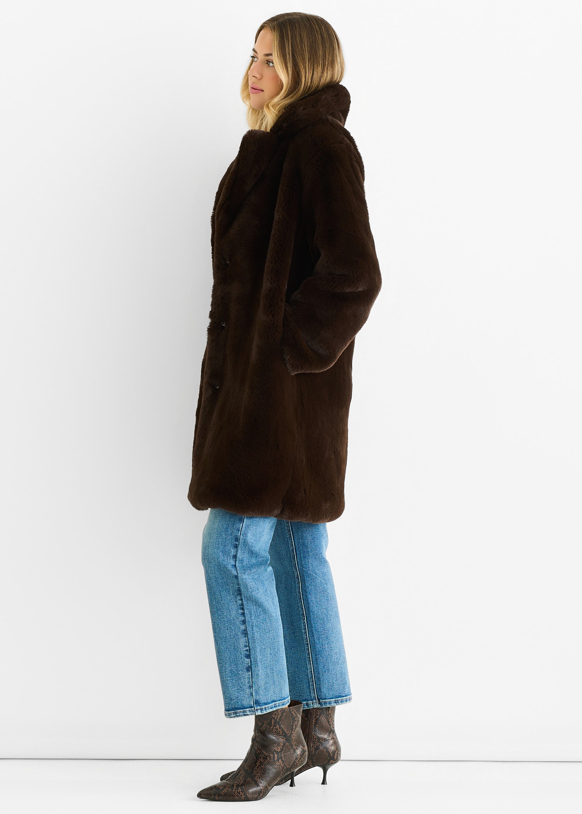 Chocolate Faux Fur Lapel Collar Longline Coat