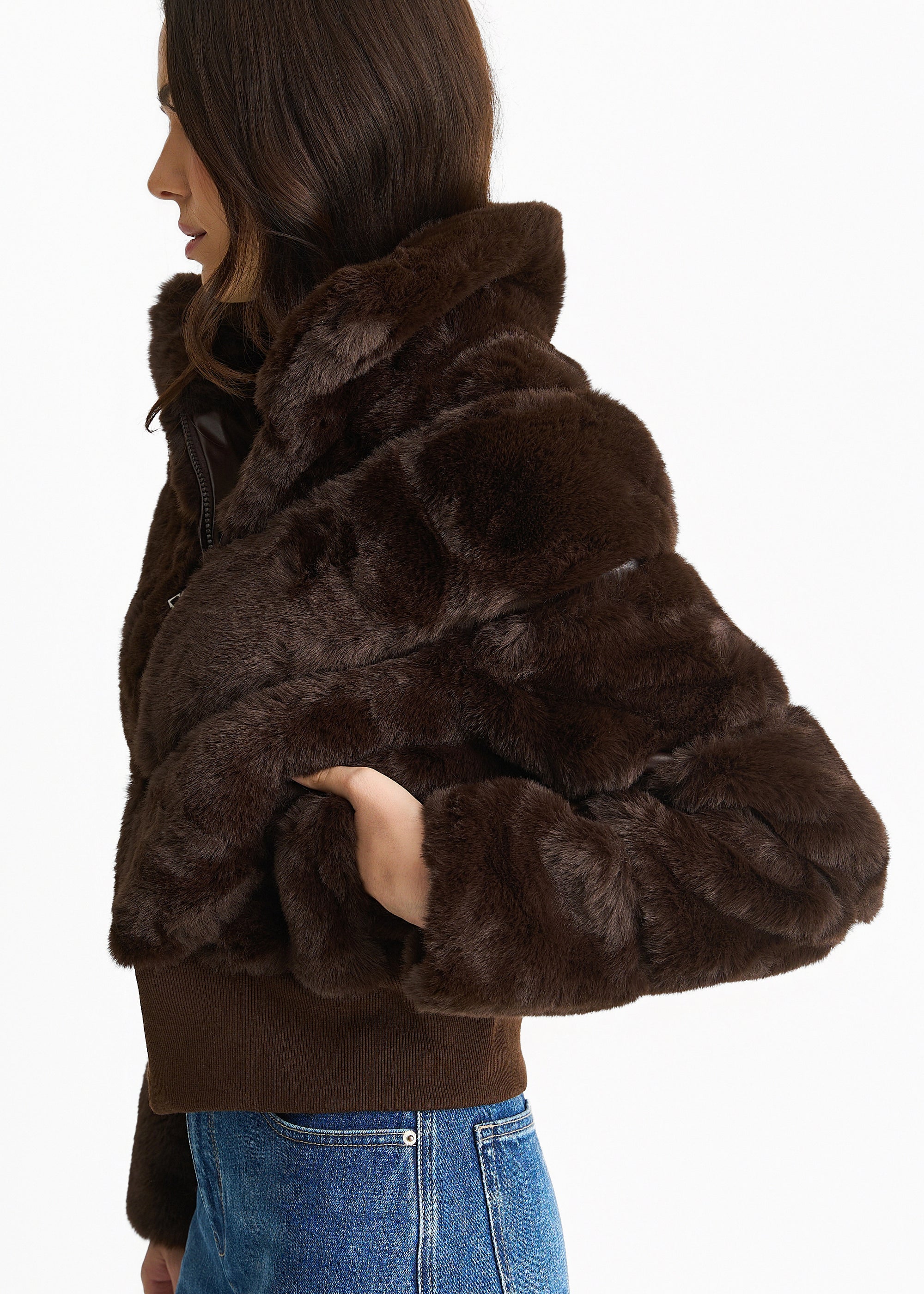 Chocolate Faux Fur Zip Front Short Jacket