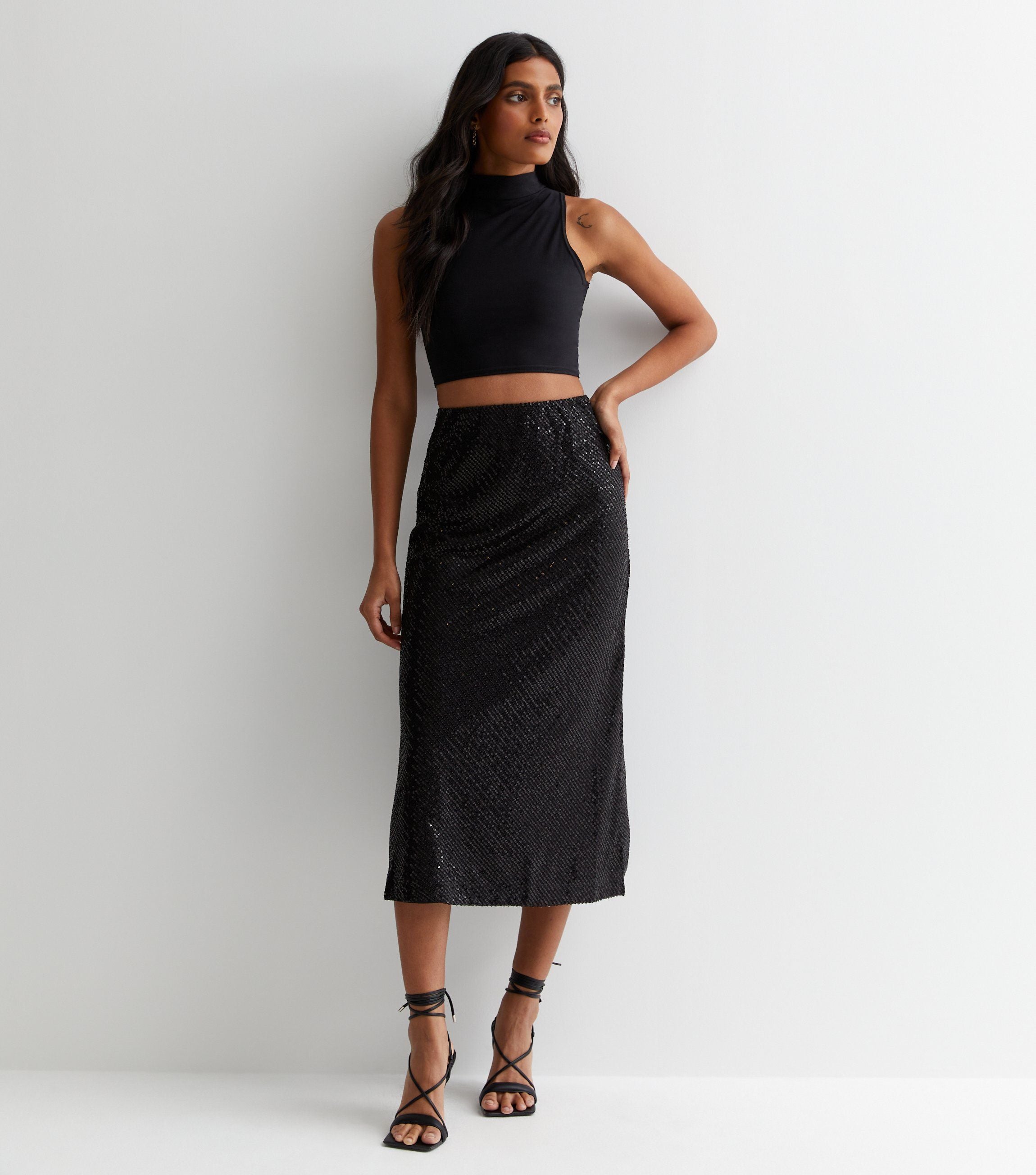 Black Sequin Bias Midi Skirt