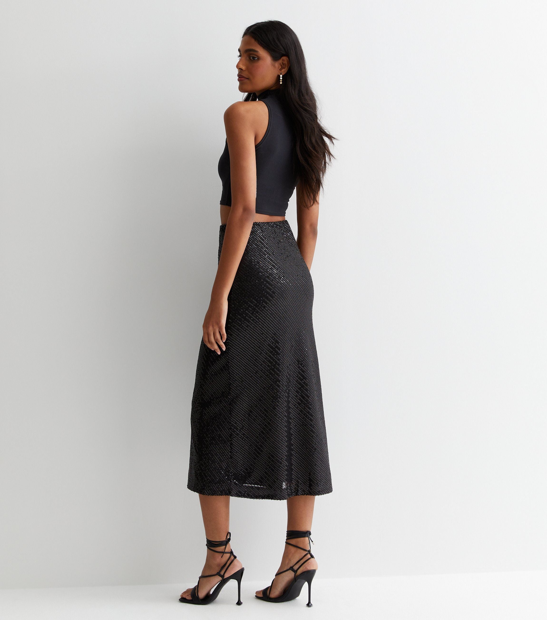 Black Sequin Bias Midi Skirt