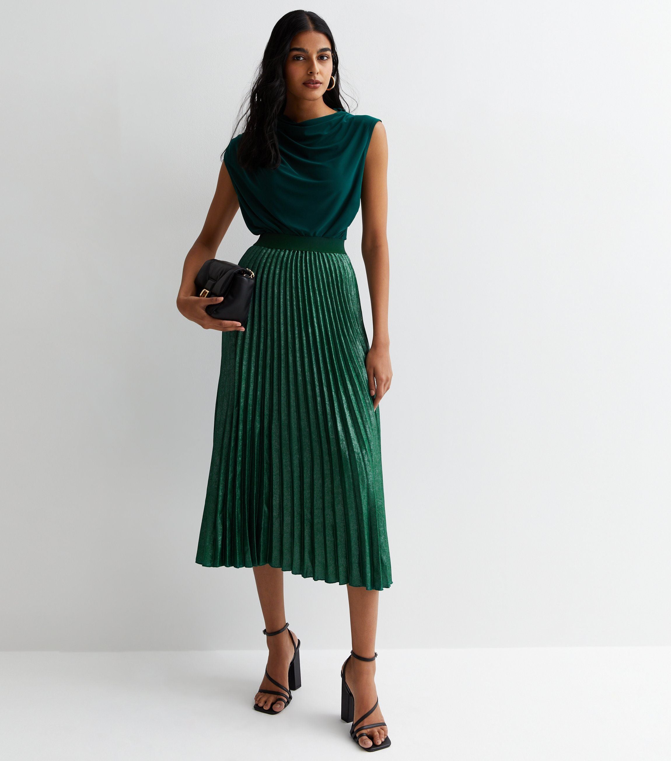 Green Pleated Midi Skirt