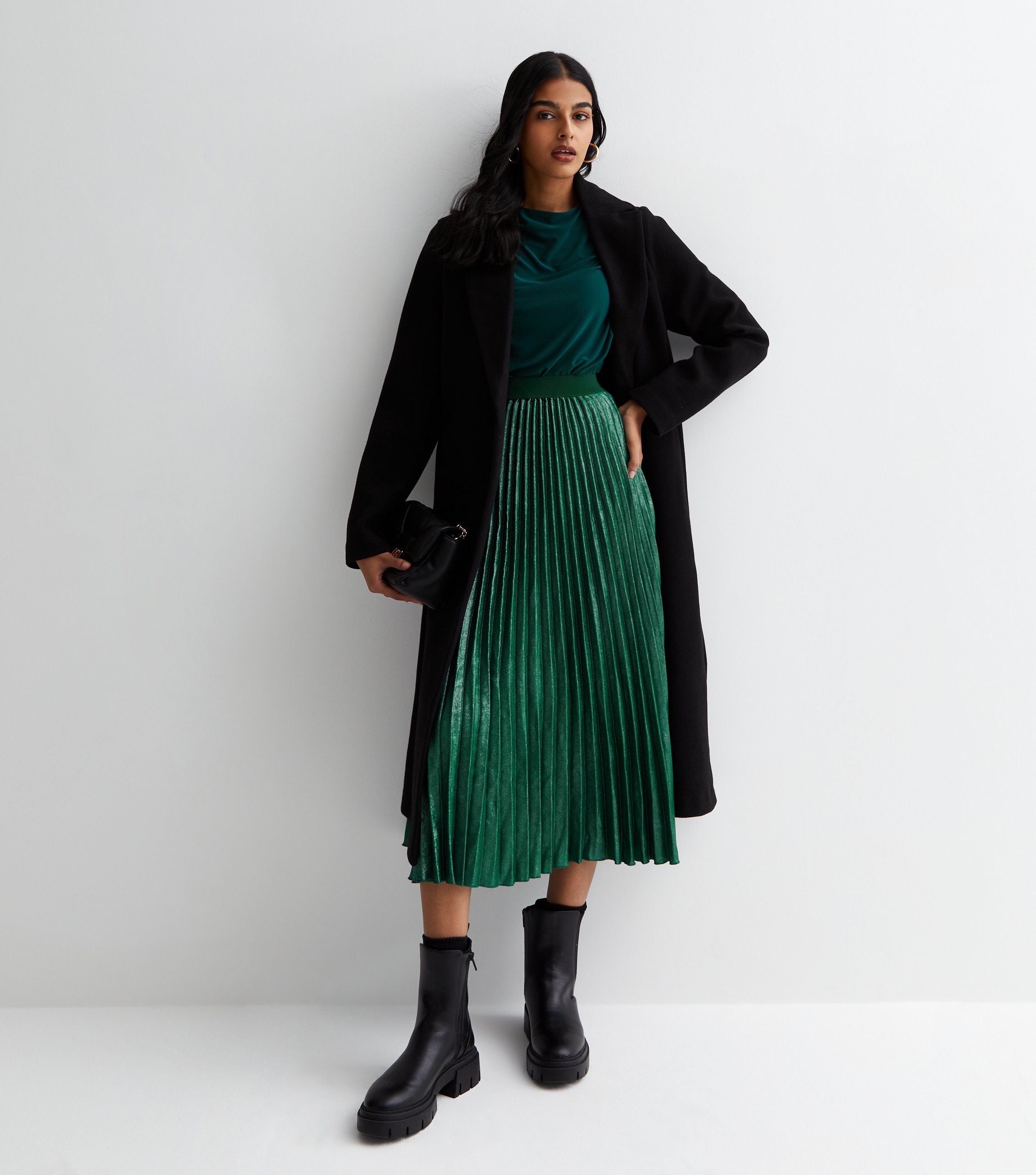 Green Pleated Midi Skirt