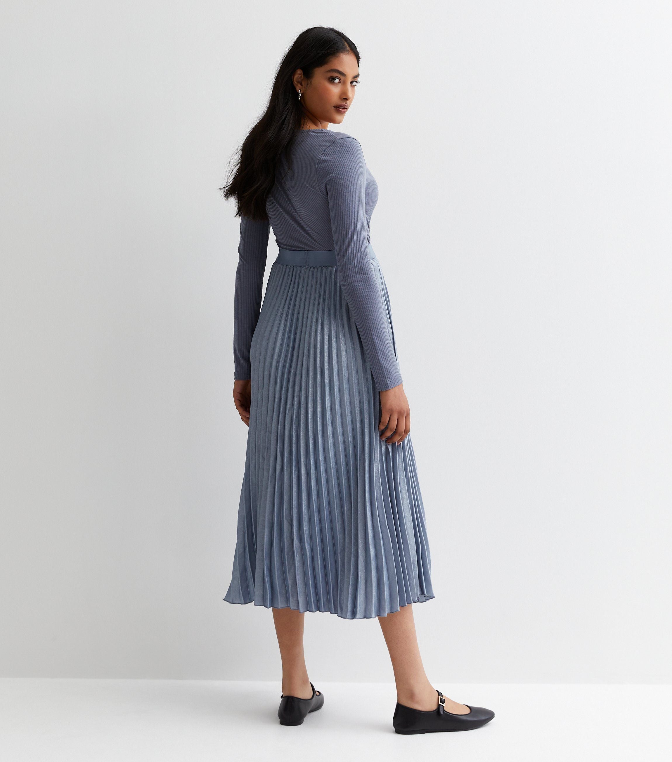 Silver Pleated Midi Skirt