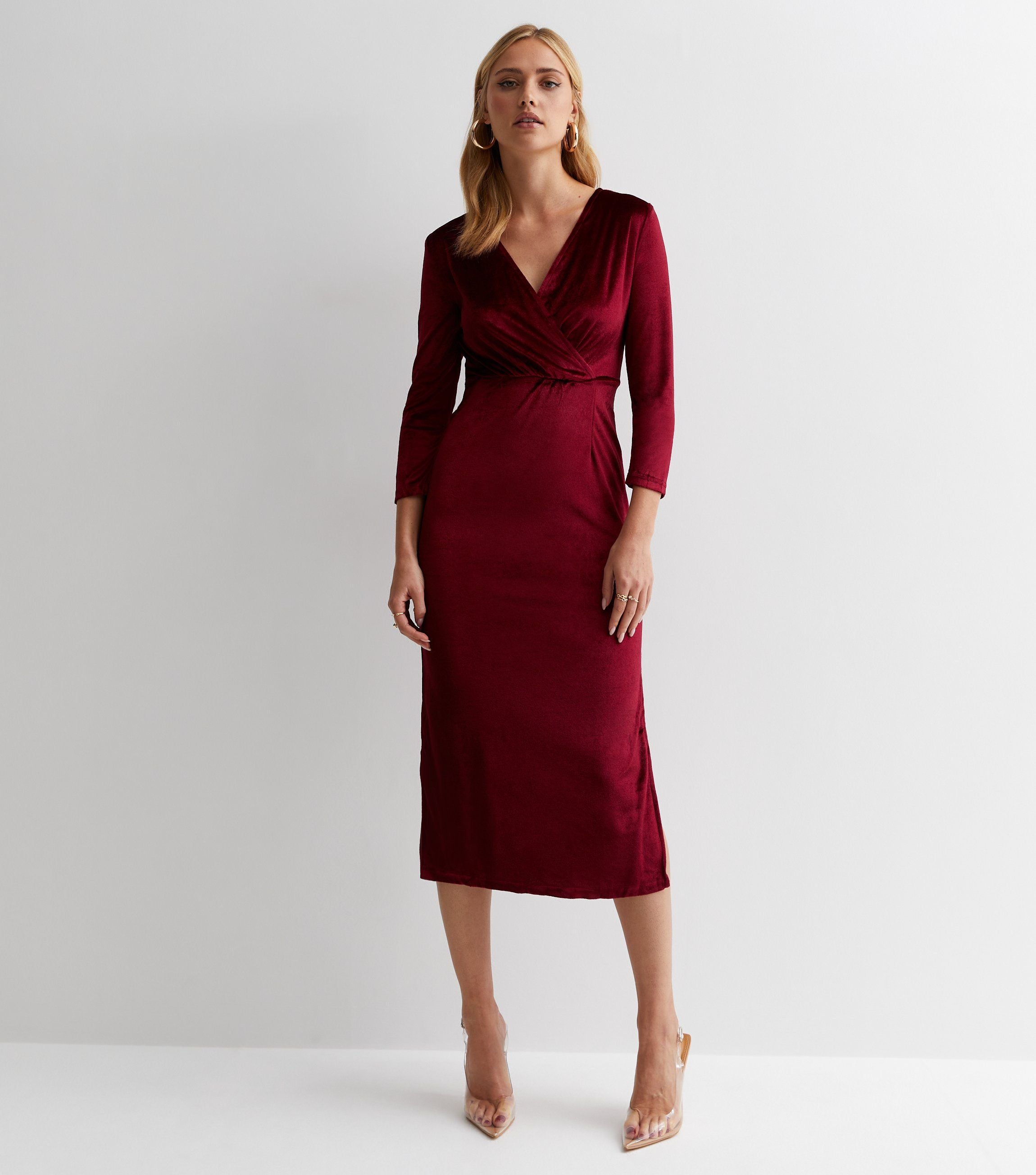 Burgundy Velvet Wrap Top Midi Dress