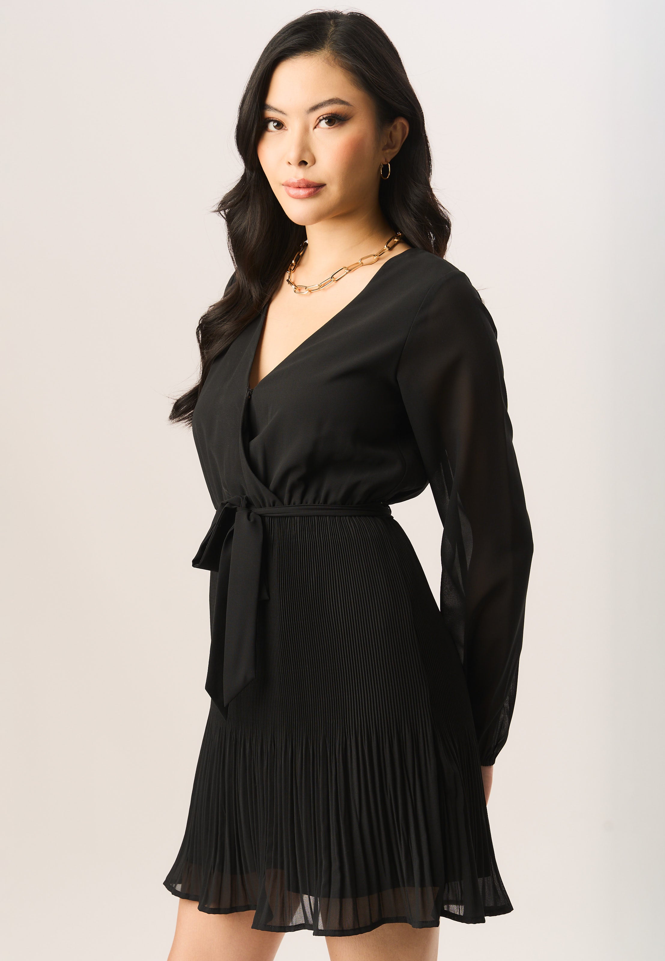 Black Pleated Long Sleeve Wrap Mini Dress