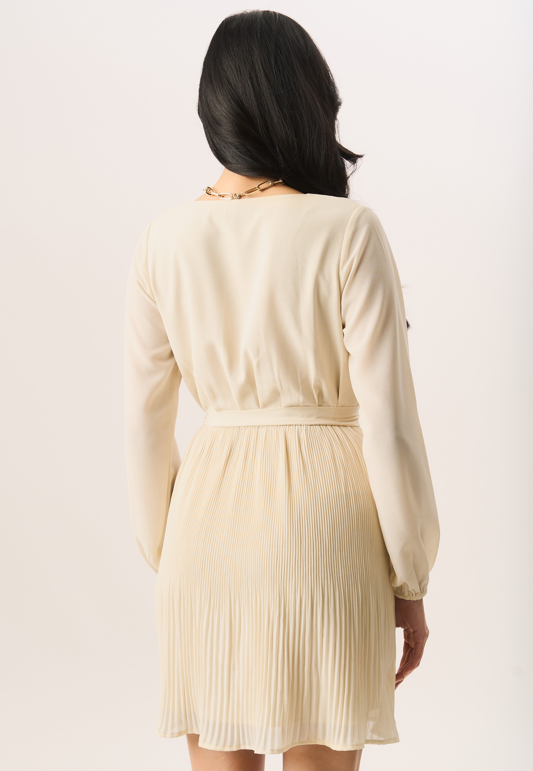 Cream Pleated Long Sleeve Wrap Mini Dress