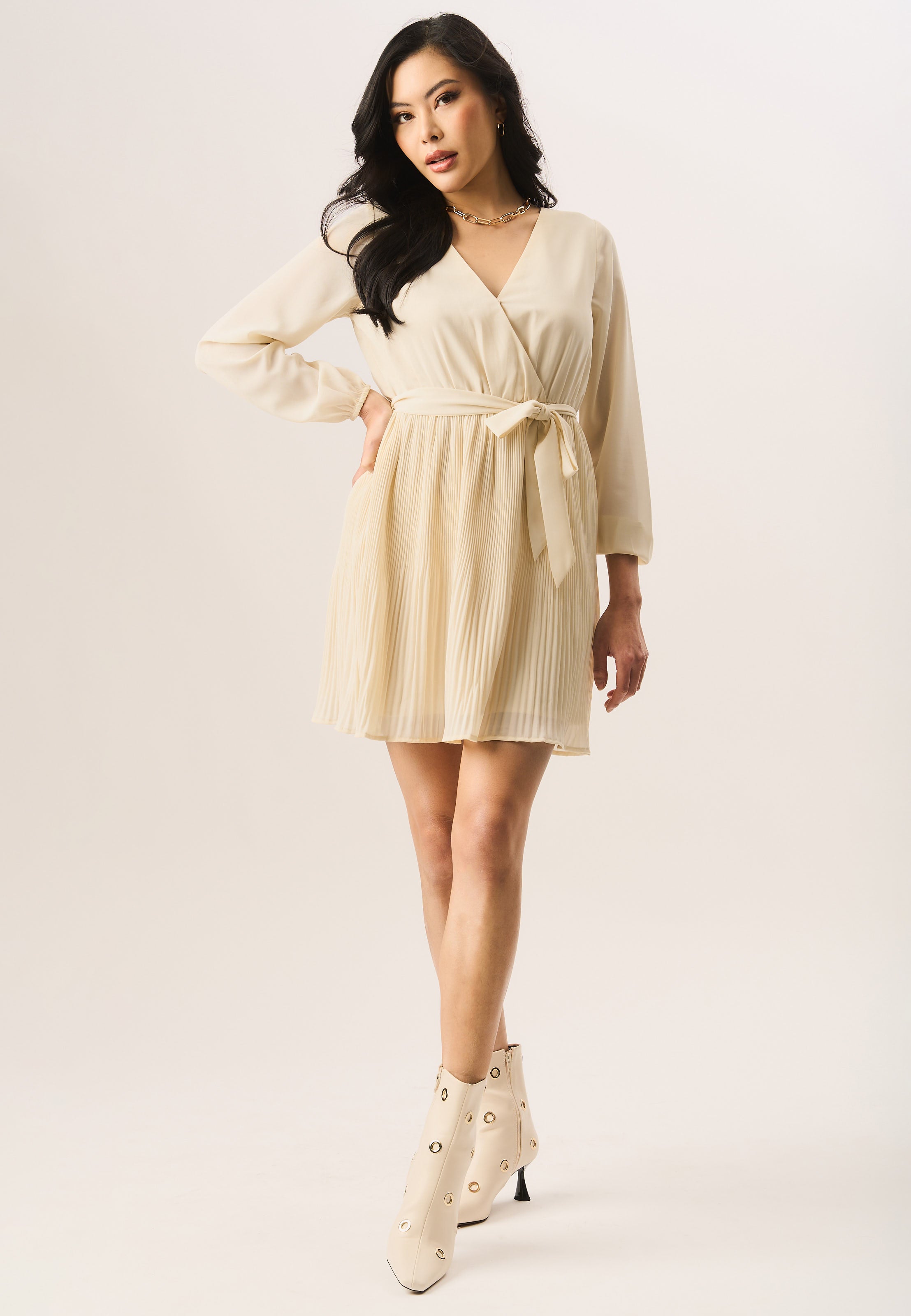 Cream Pleated Long Sleeve Wrap Mini Dress