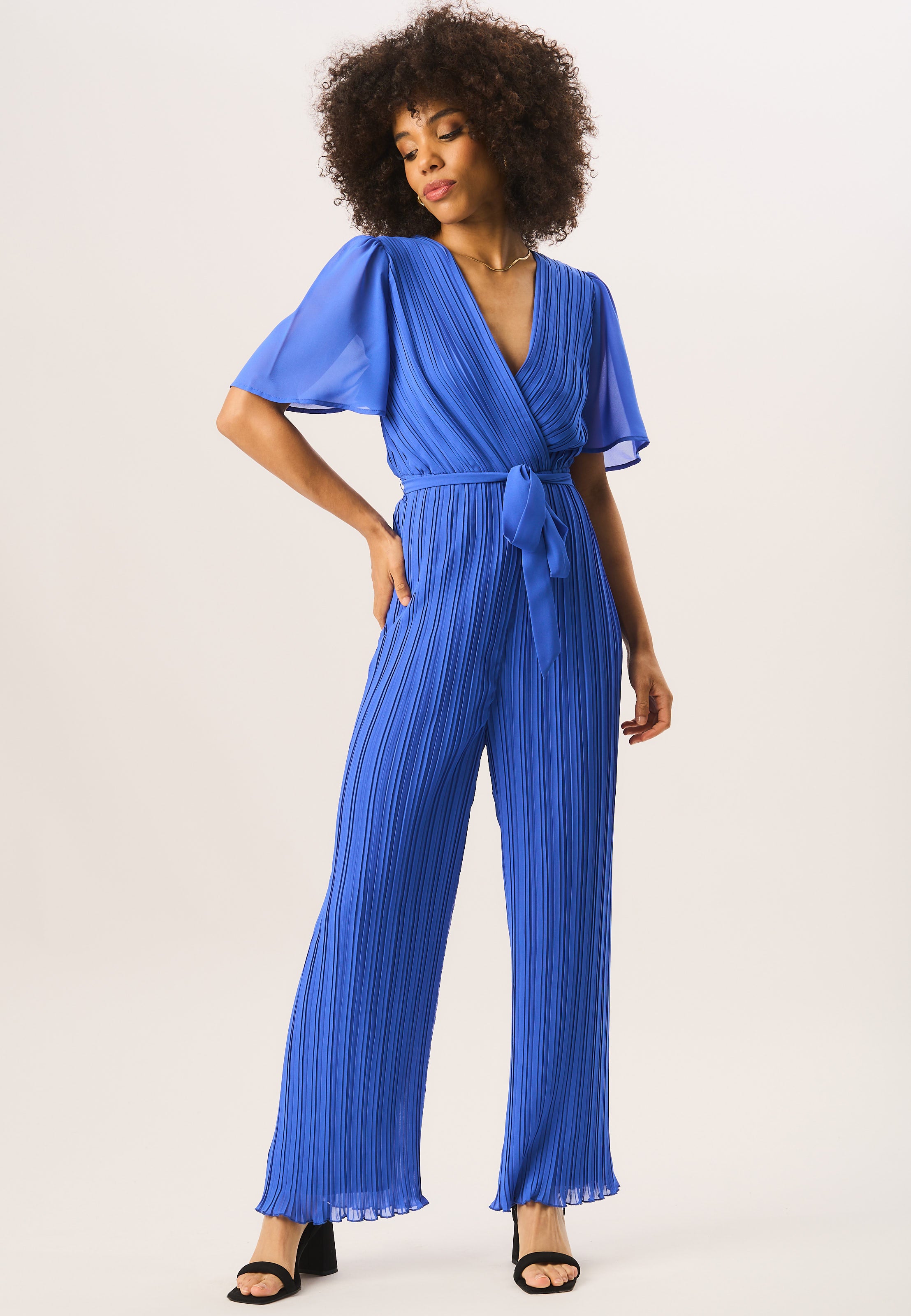 Blue Angel Sleeves Pleated Belted Wrap Jumpsuit