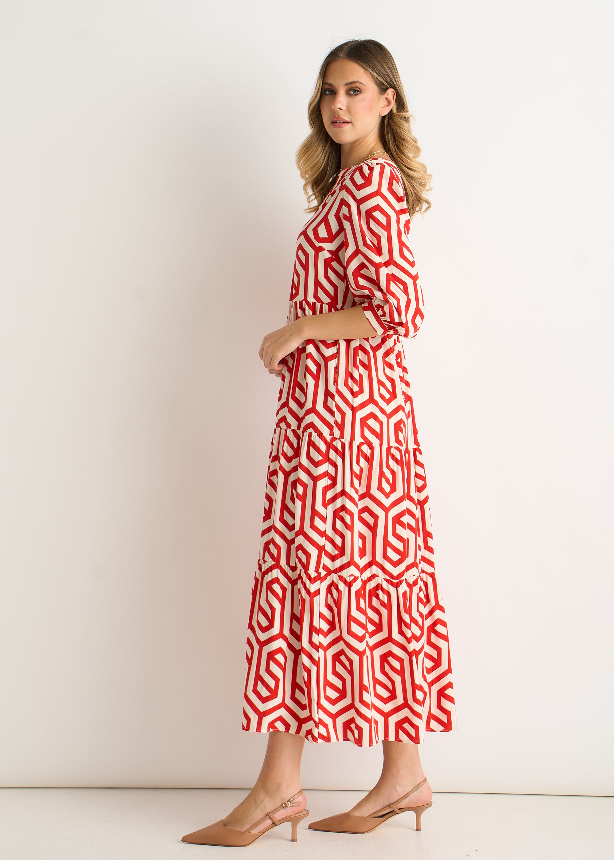 Red Geo Print Smock Maxi Dress