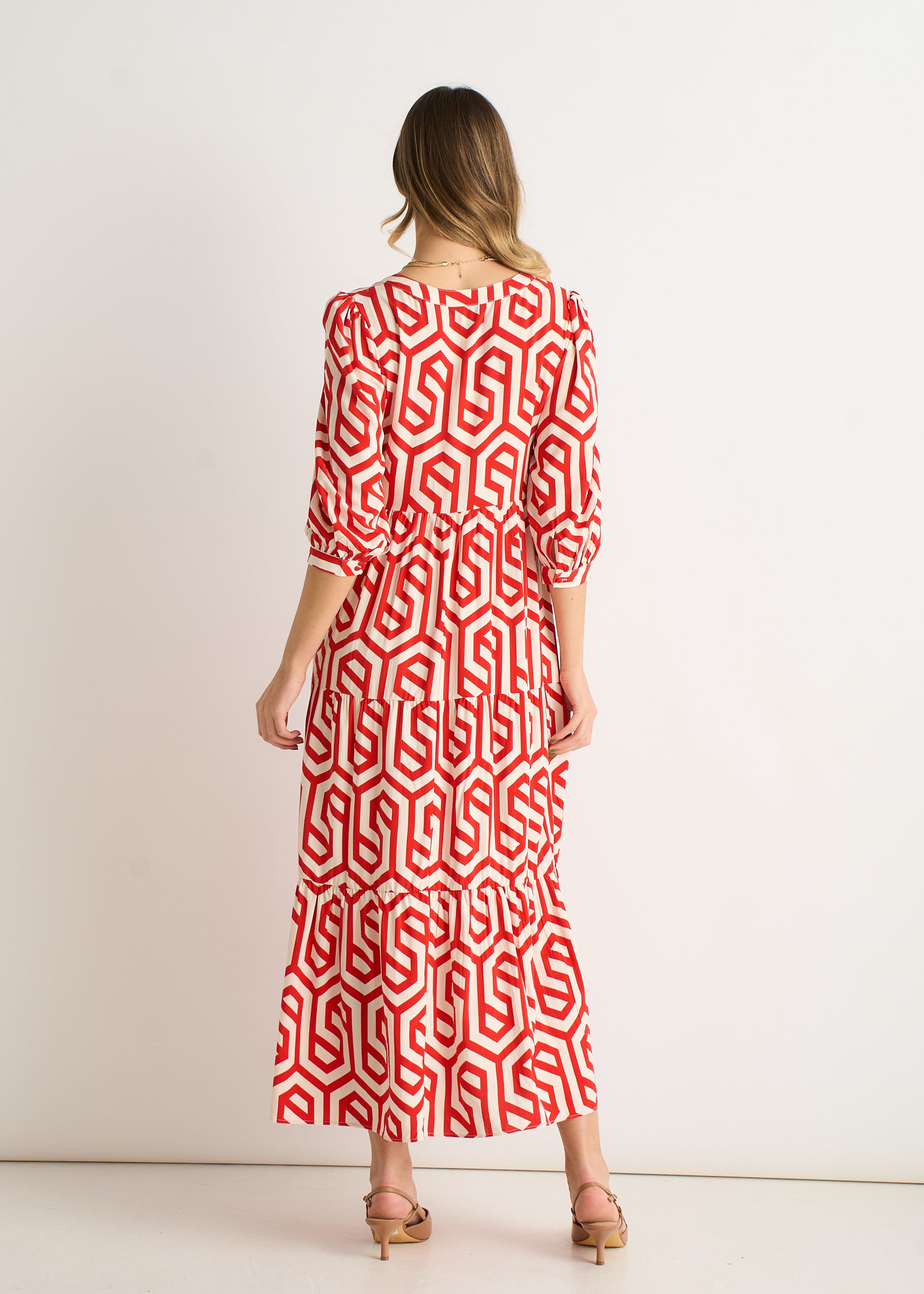 Red Geo Print Smock Maxi Dress